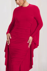 Red Long Sleeve Ruched Maxi Dress with Cape Detailing