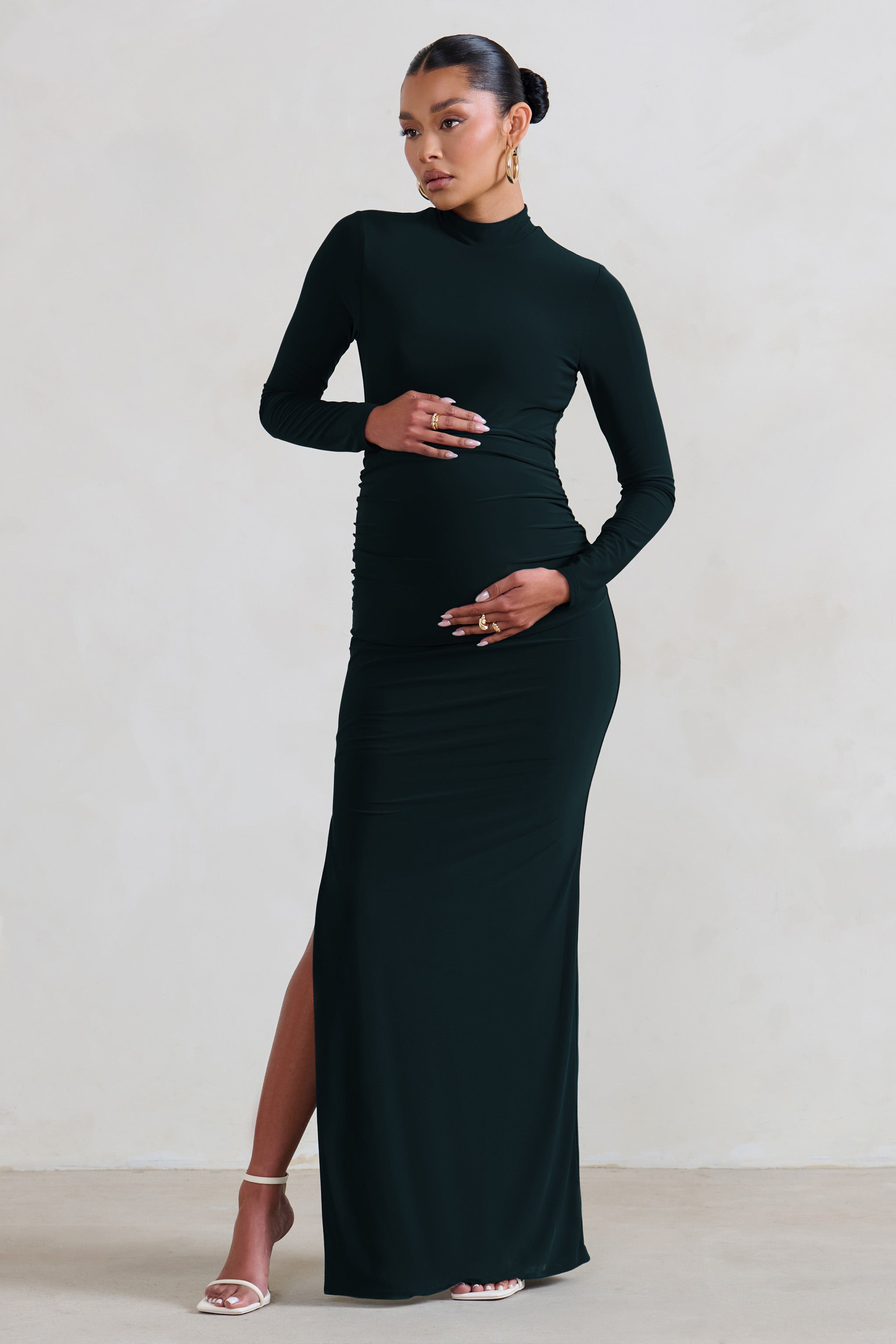 Black Maternity Long Sleeve High Neck Maxi Dress