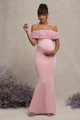 Blush Pink Mesh Floral Bardot Maternity Maxi Dress