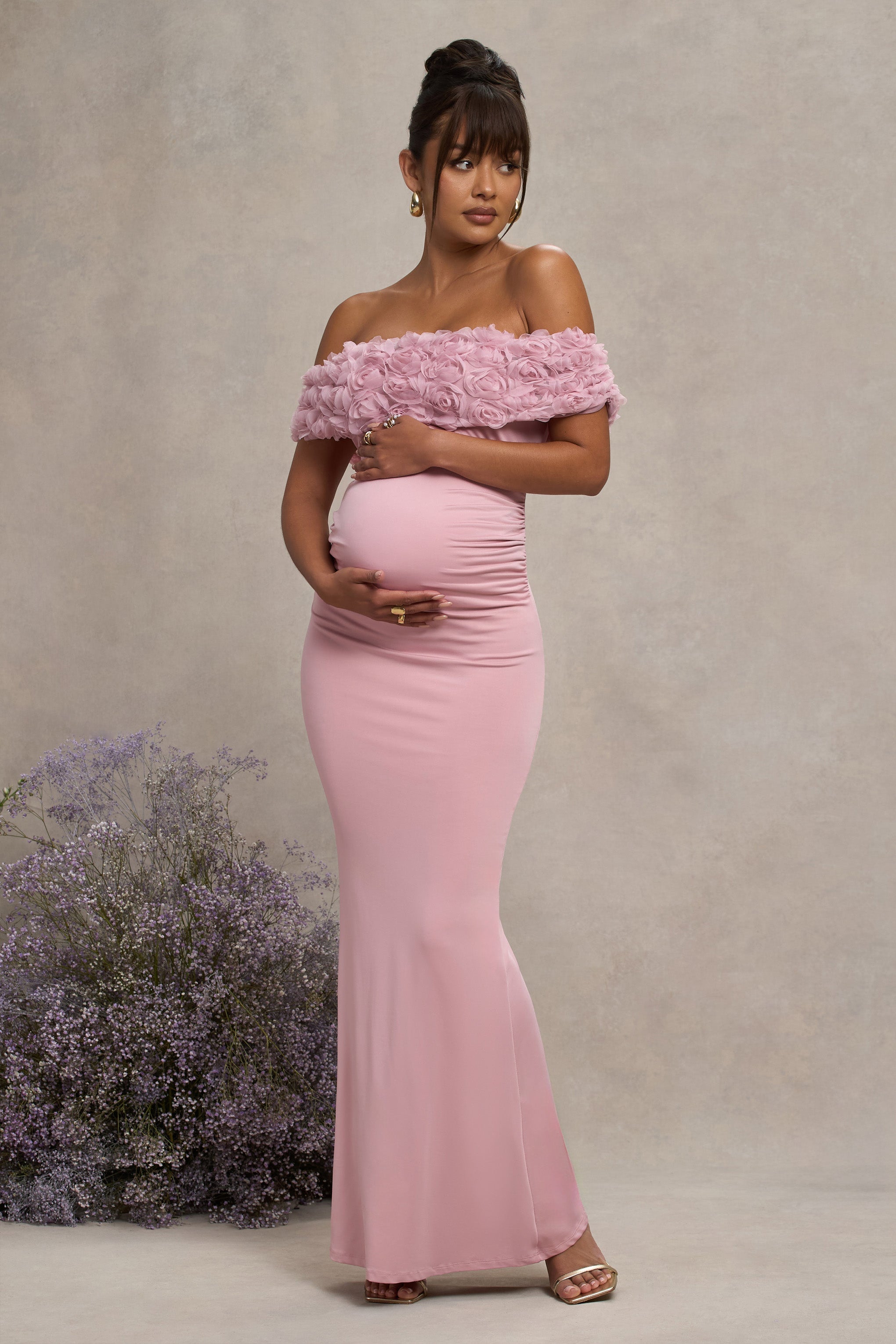 Blush Pink Mesh Floral Bardot Maternity Maxi Dress