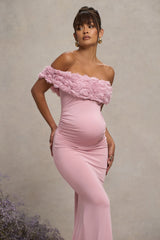 Blush Pink Mesh Floral Bardot Maternity Maxi Dress