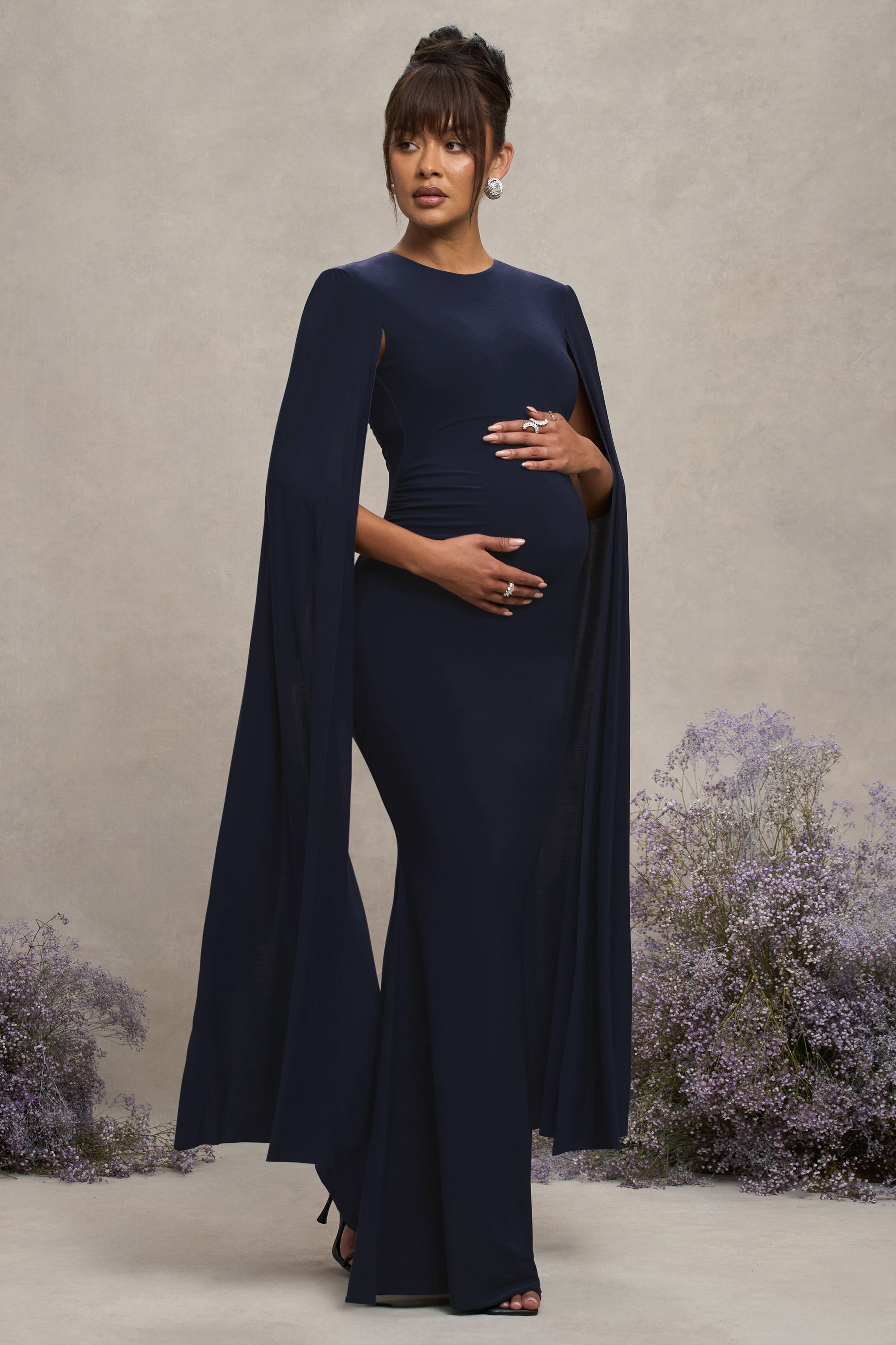 Navy Maternity Maxi Dress With Cape Sleeves