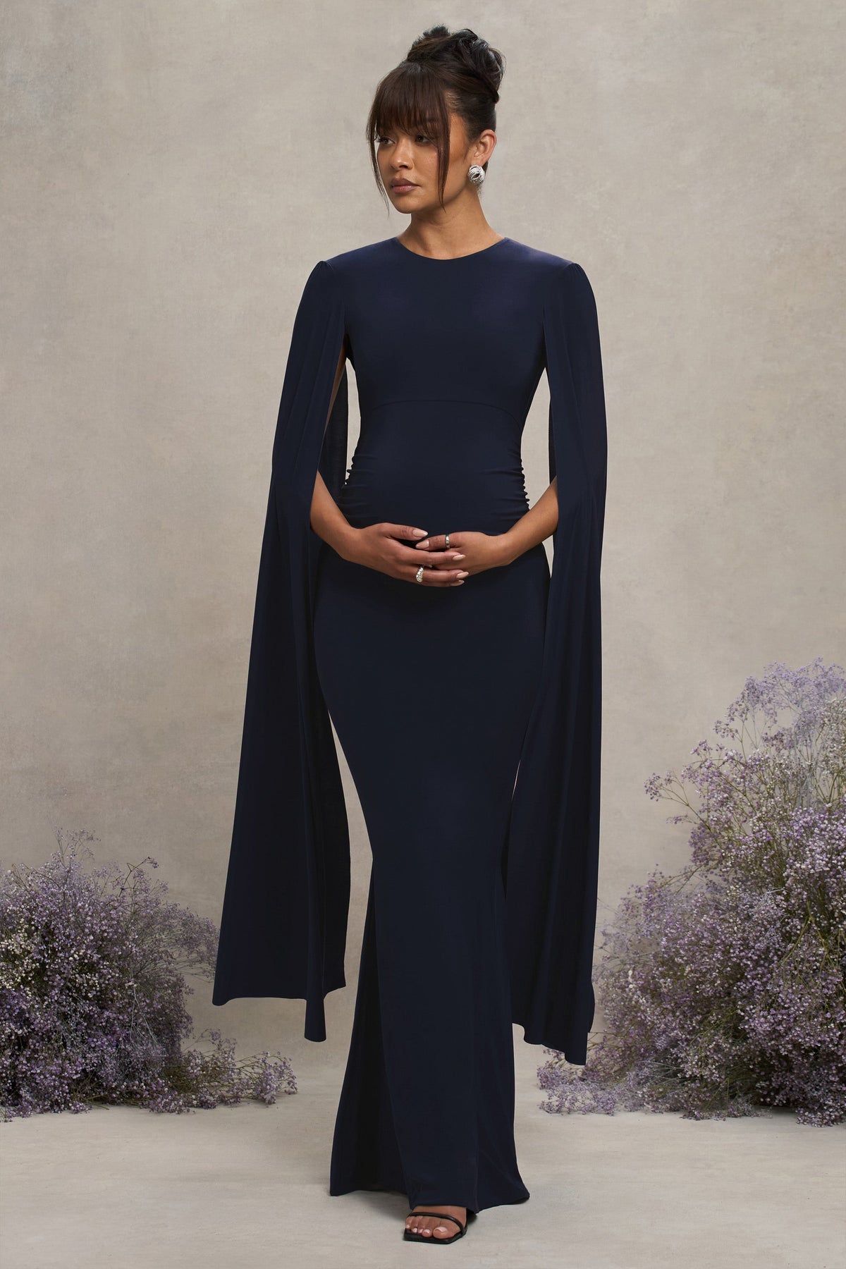 Navy Maternity Maxi Dress With Cape Sleeves