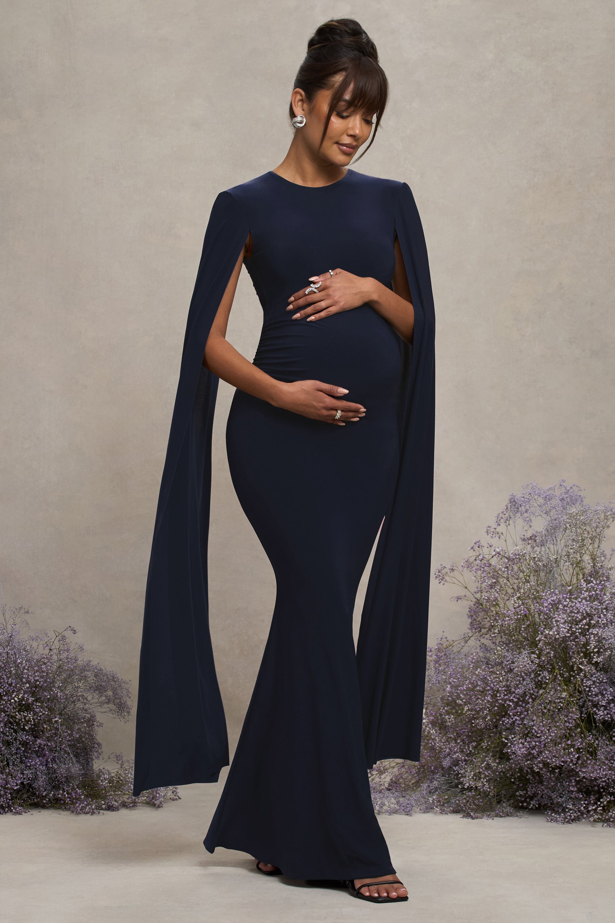 Navy Maternity Maxi Dress With Cape Sleeves