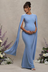 Powder Blue Maternity Maxi Dress With Cape Sleeves