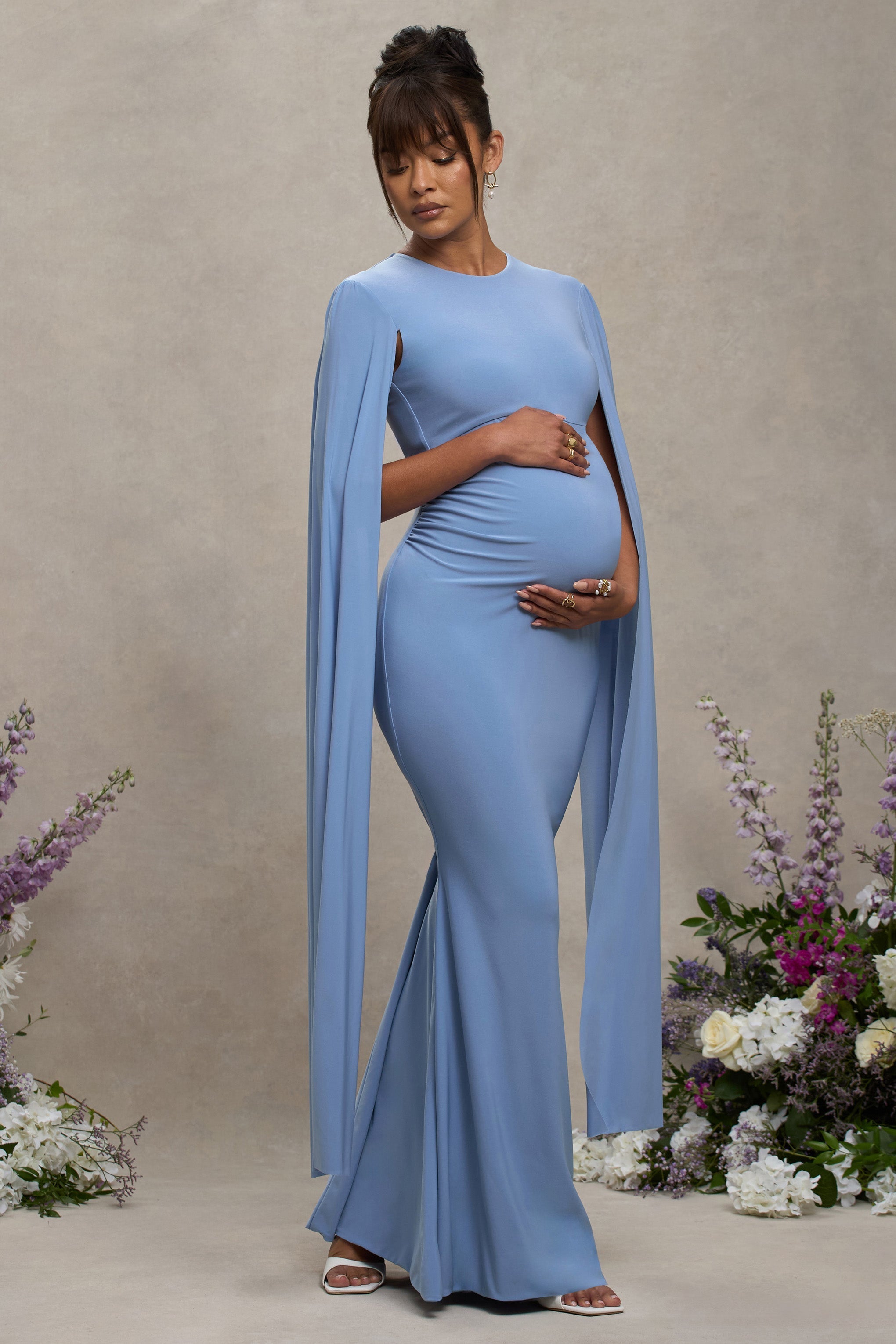 Powder Blue Maternity Maxi Dress With Cape Sleeves