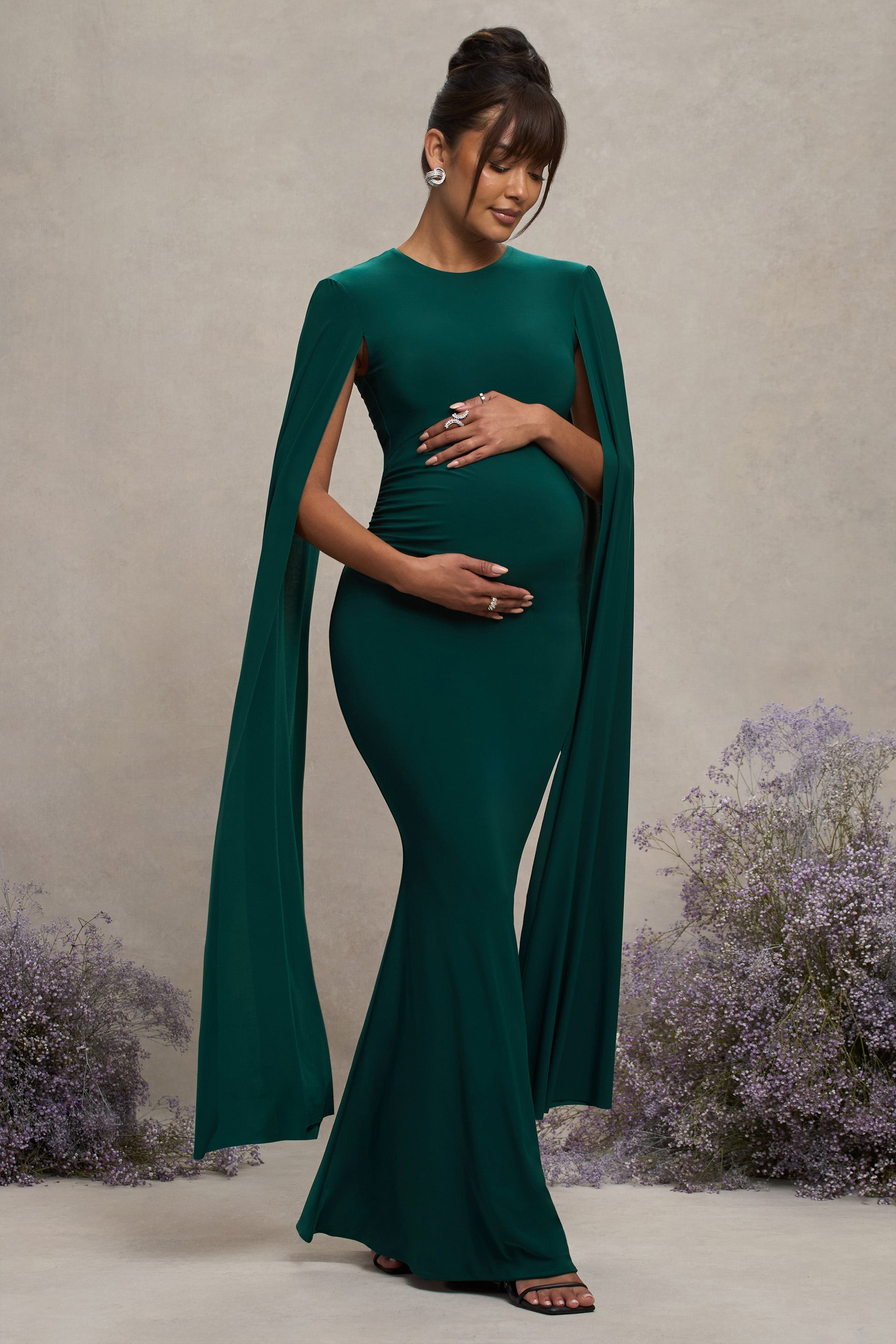 Bottle Green Maternity Maxi Dress With Cape Sleeves
