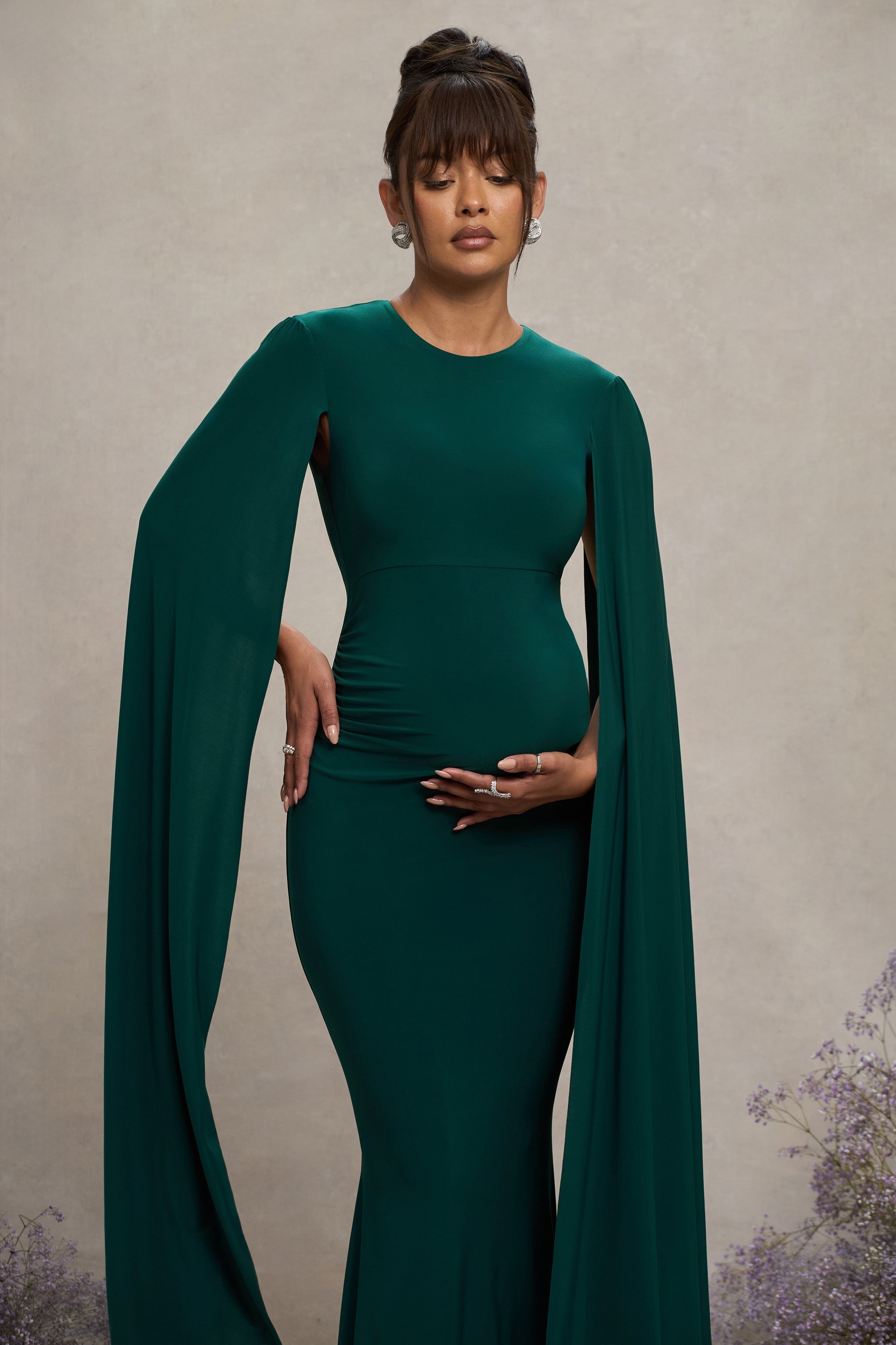 Bottle Green Maternity Maxi Dress With Cape Sleeves