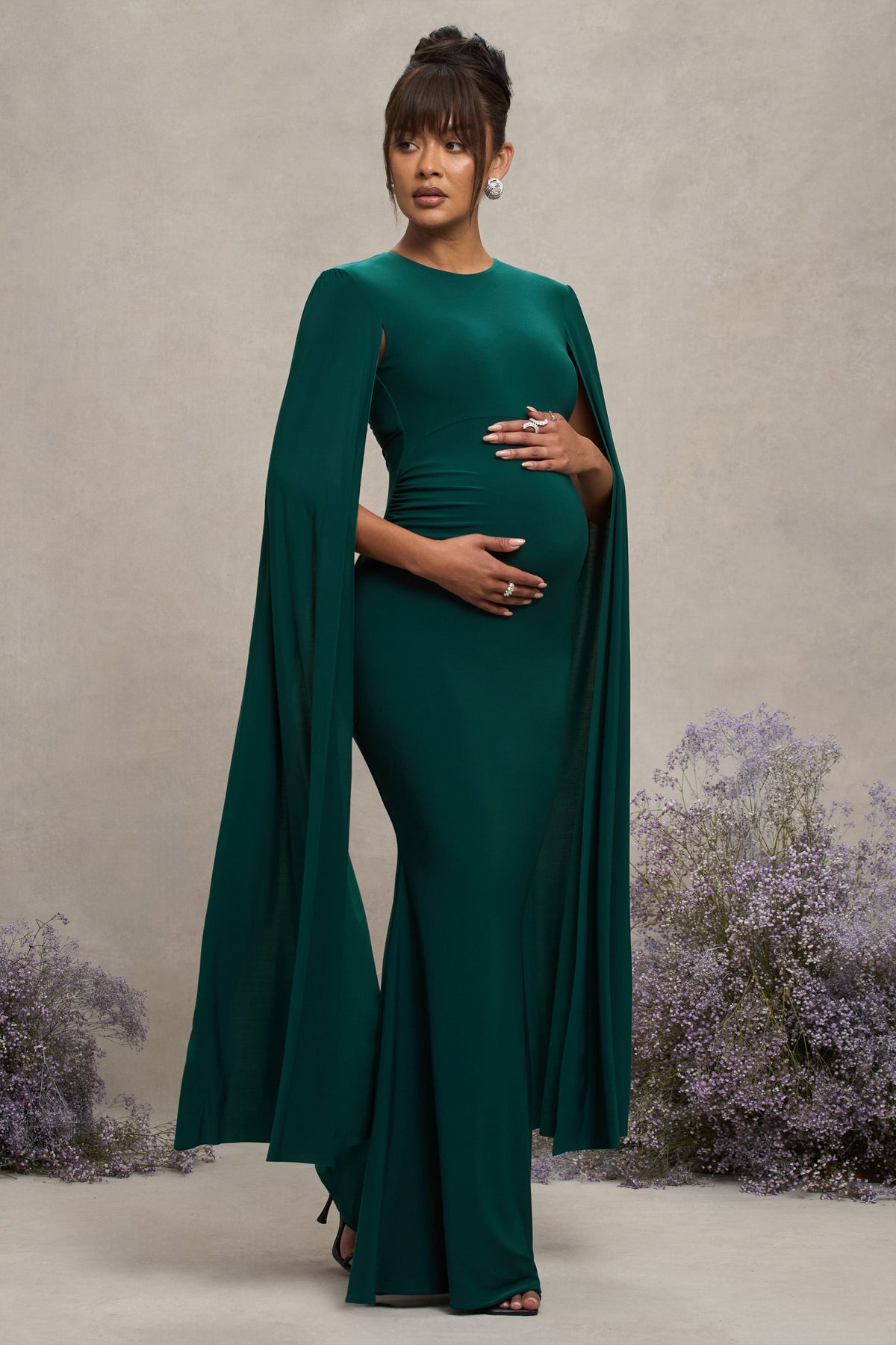 Bottle Green Maternity Maxi Dress With Cape Sleeves