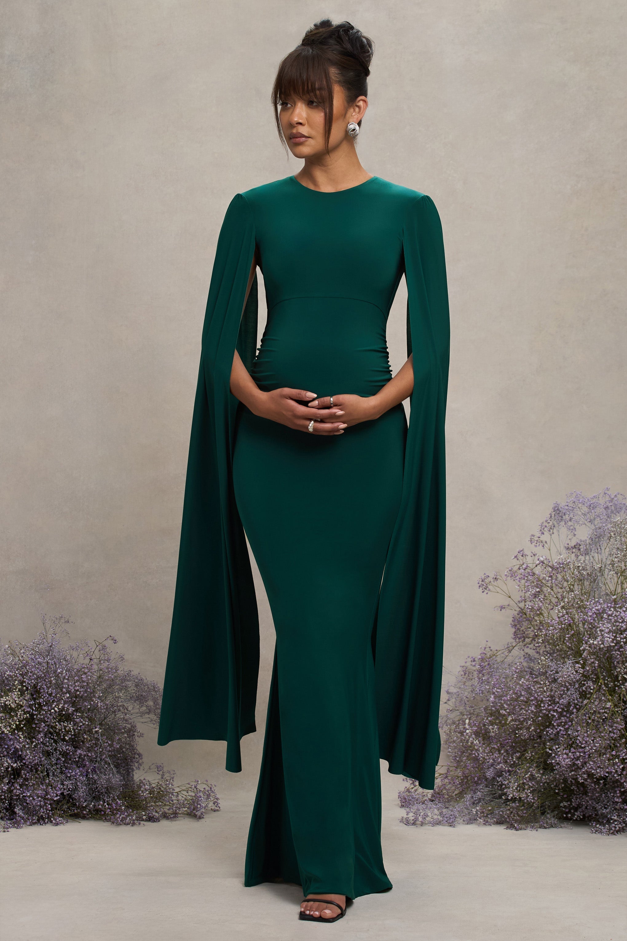 Bottle Green Maternity Maxi Dress With Cape Sleeves