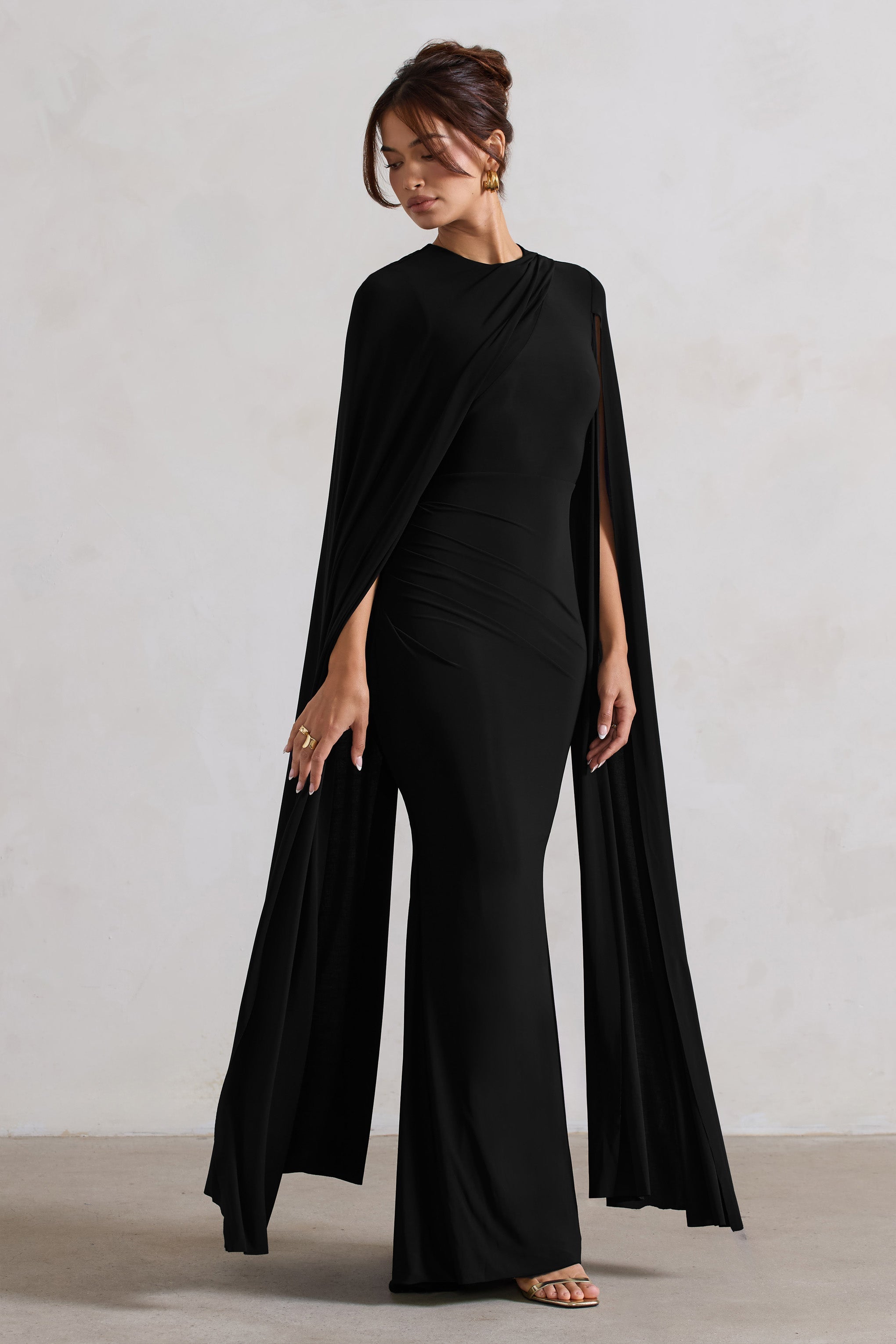 Black Asymmetric Cape Maxi Dress