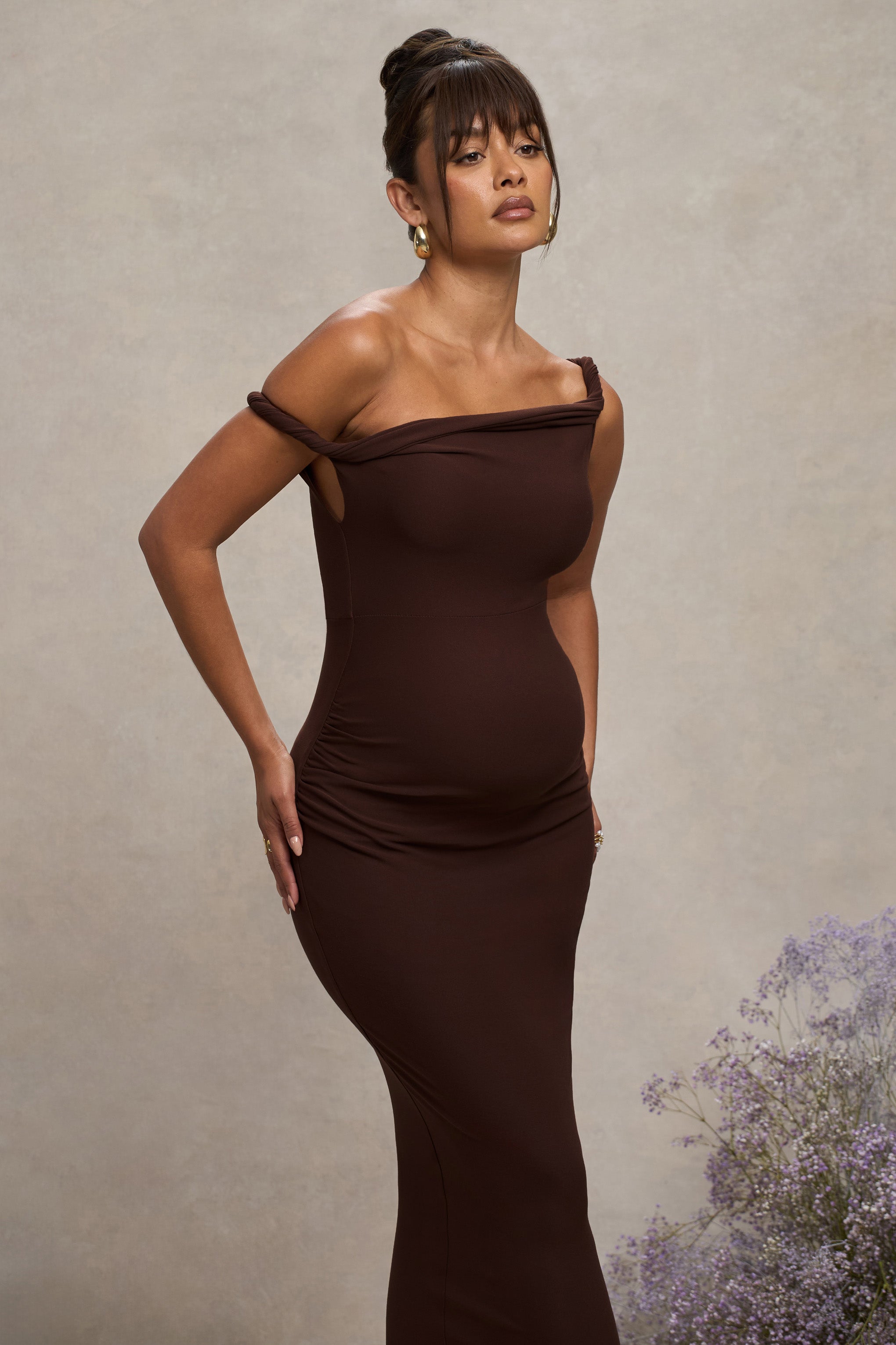 Chocolate Brown Twisted Asymmetric Maternity Midi Dress