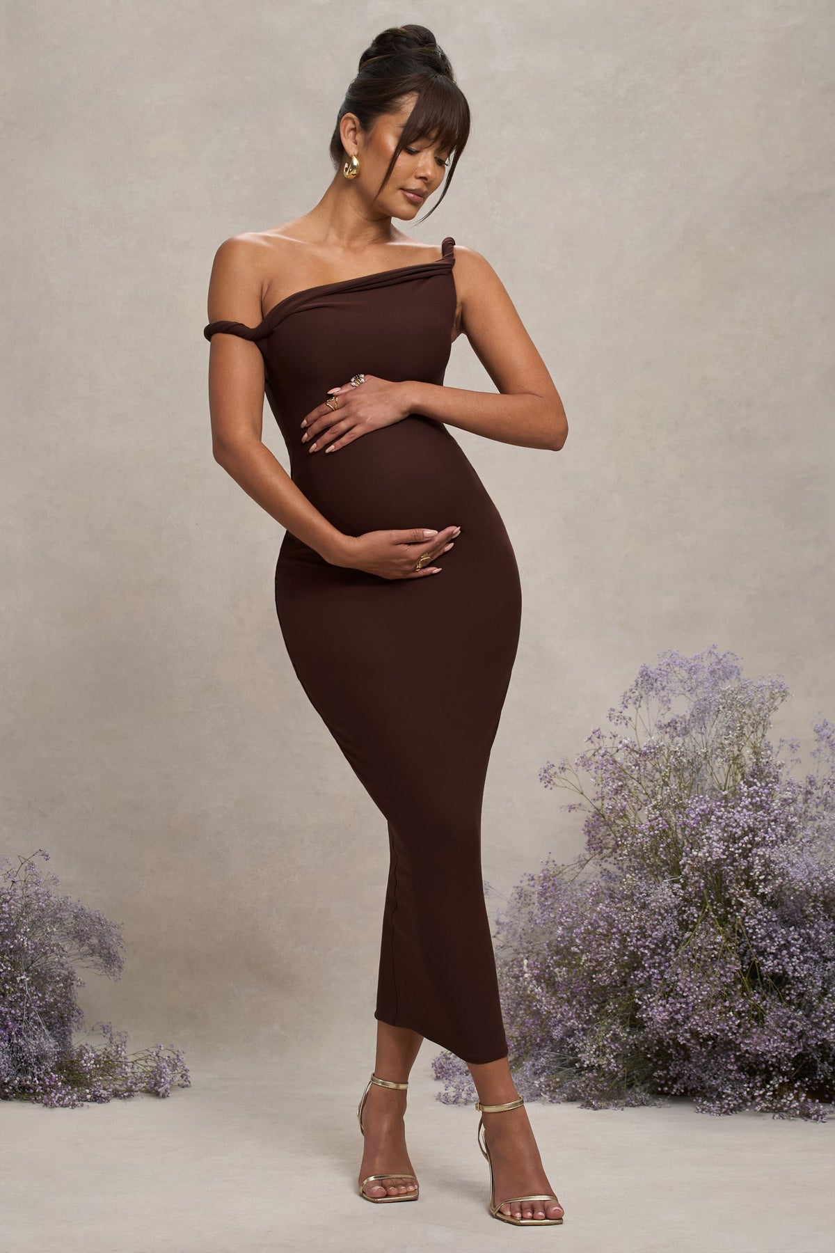 Chocolate Brown Twisted Asymmetric Maternity Midi Dress