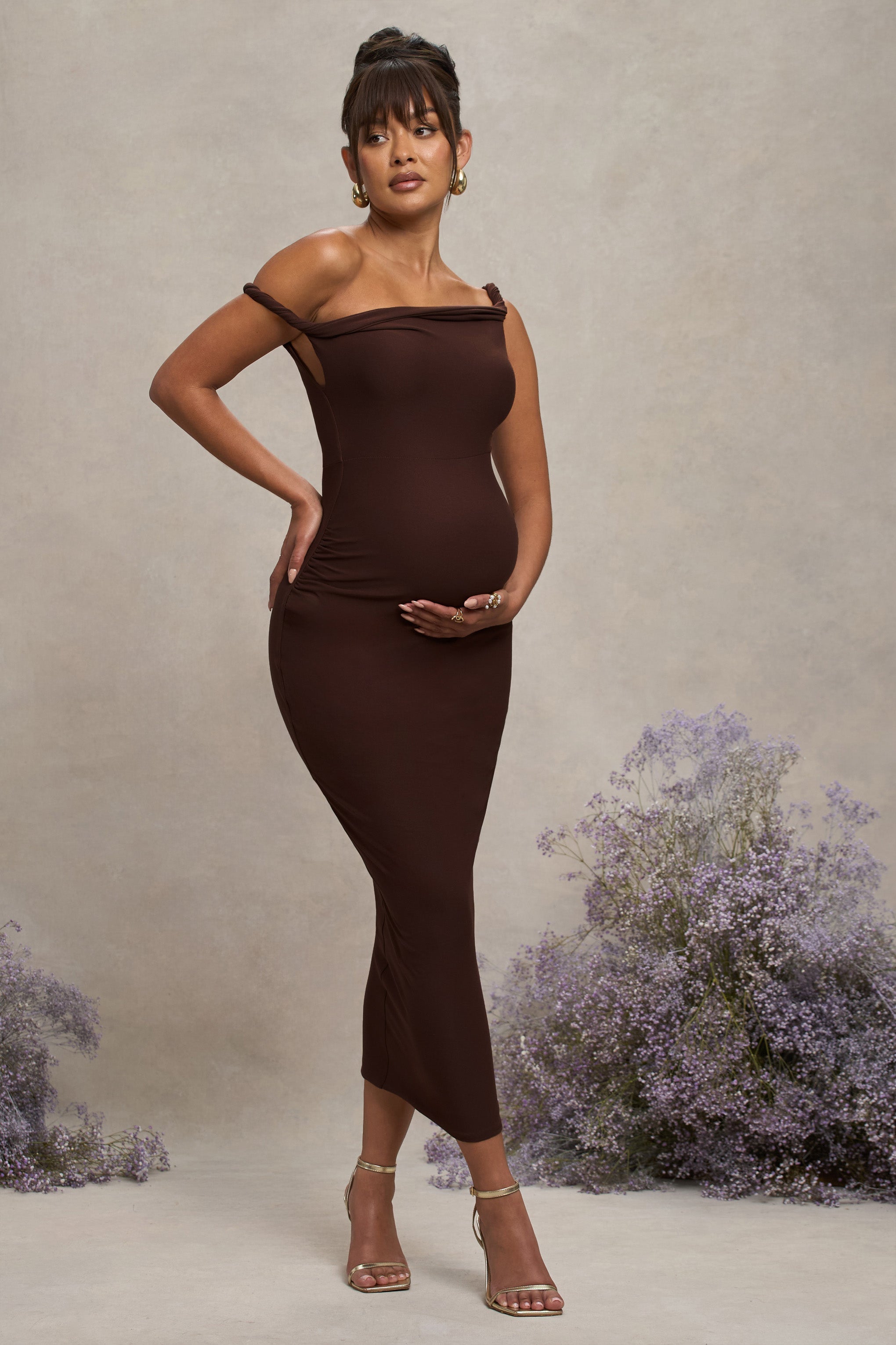 Chocolate Brown Twisted Asymmetric Maternity Midi Dress