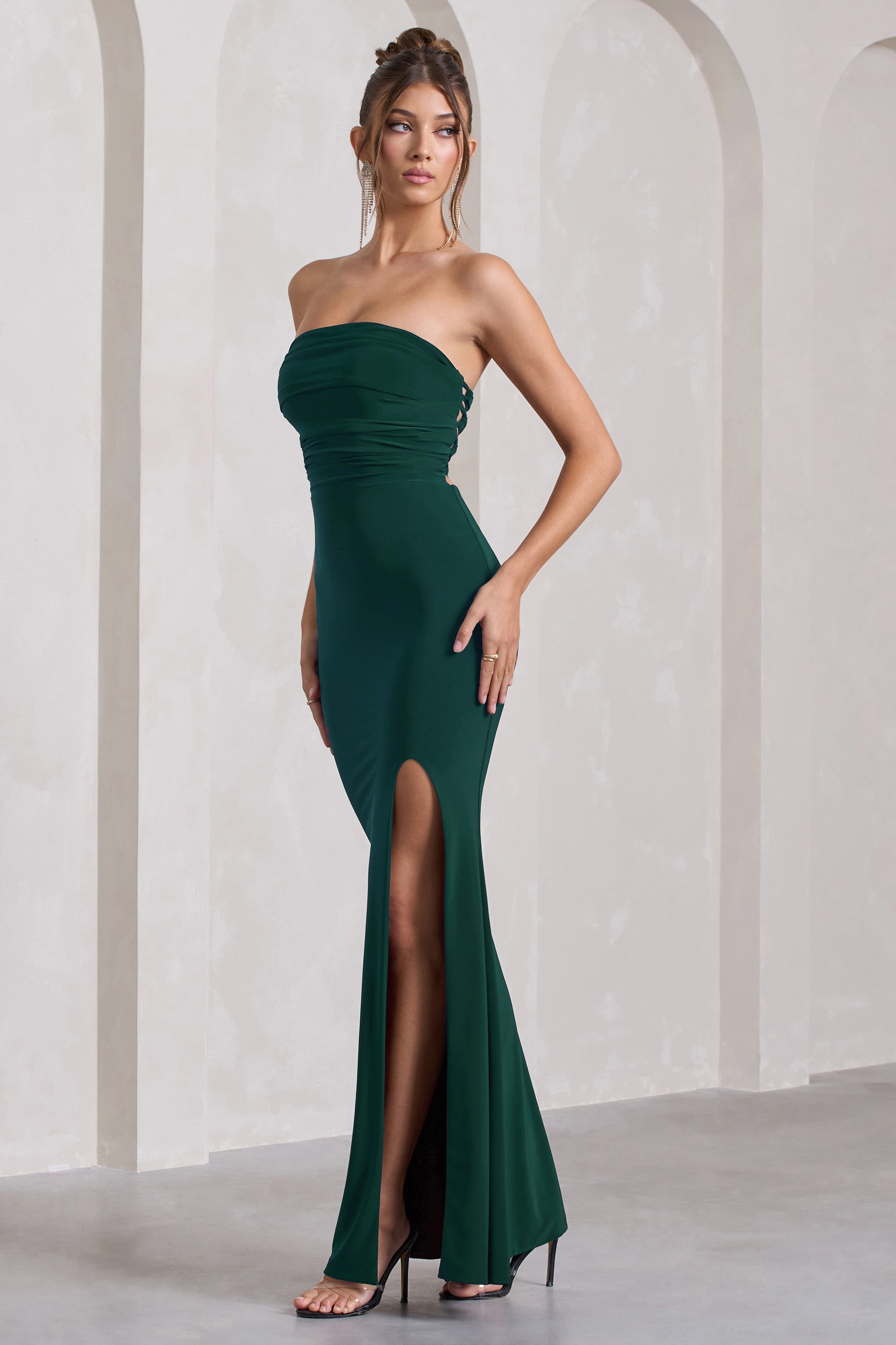 Bottle Green Bandeau Split Lace-Up Maxi Dress