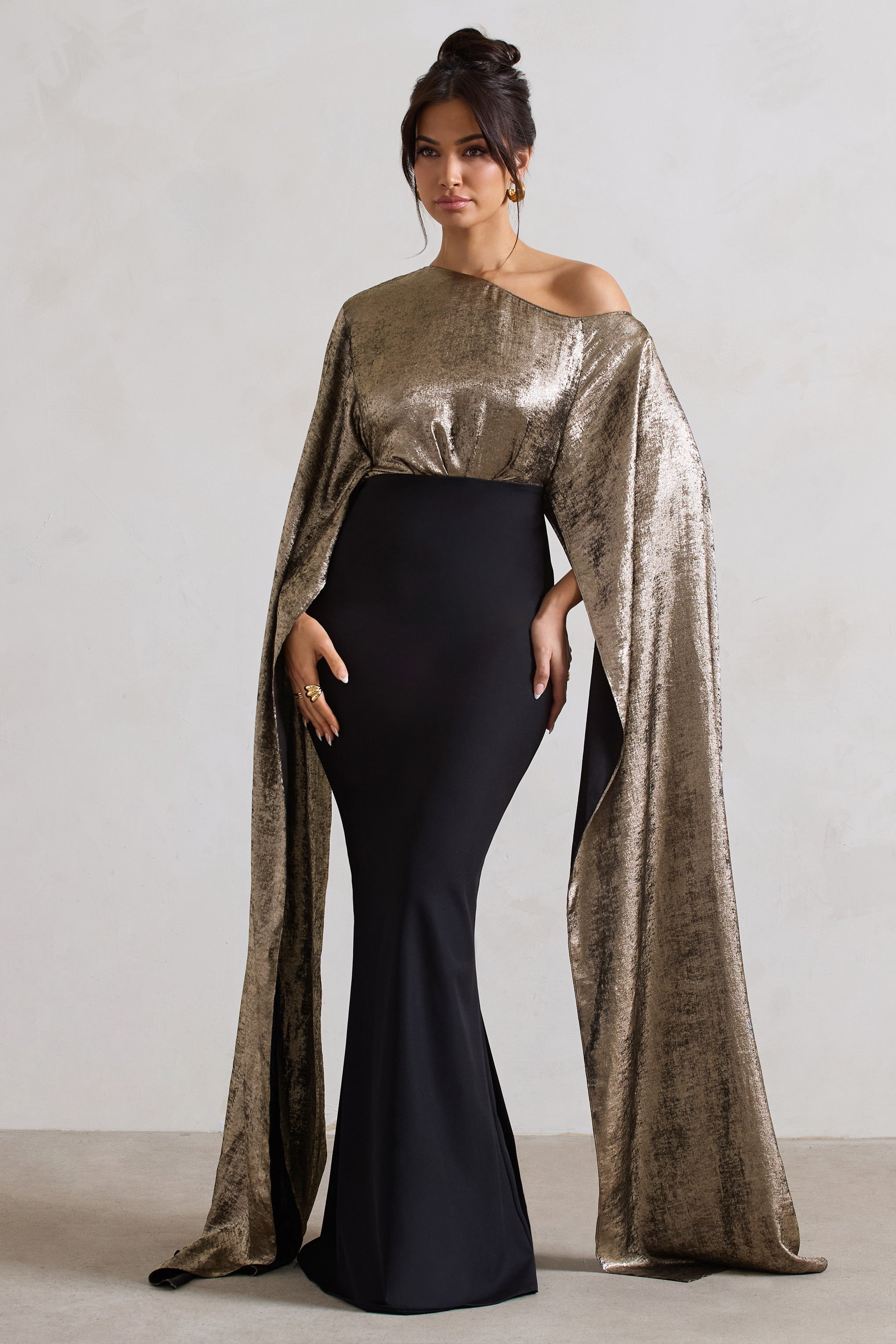 Black & Gold Metallic One Shoulder Cape Maxi Dress