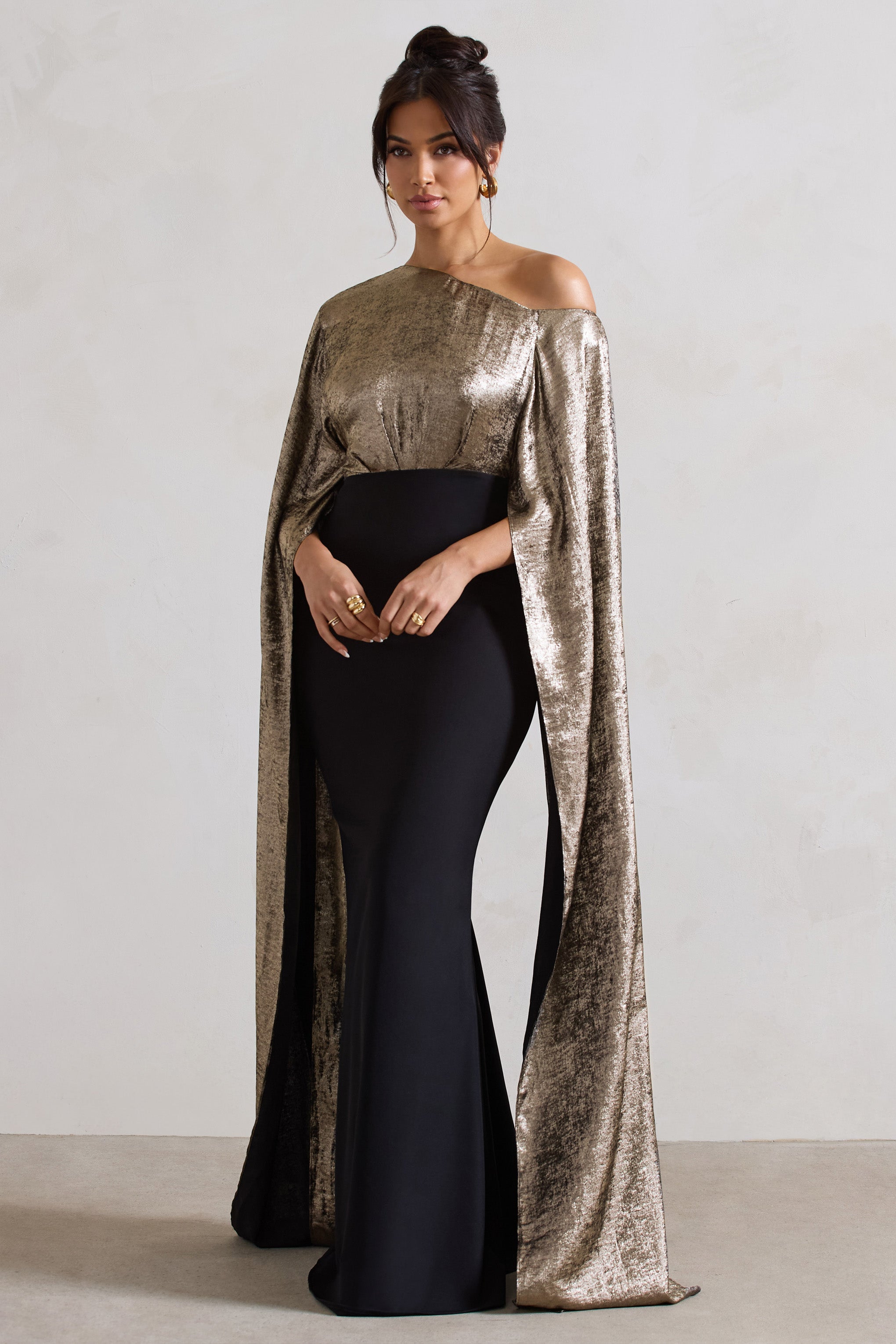 Black & Gold Metallic One Shoulder Cape Maxi Dress