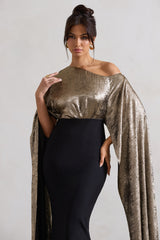 Black & Gold Metallic One Shoulder Cape Maxi Dress
