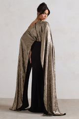 Black & Gold Metallic One Shoulder Cape Maxi Dress