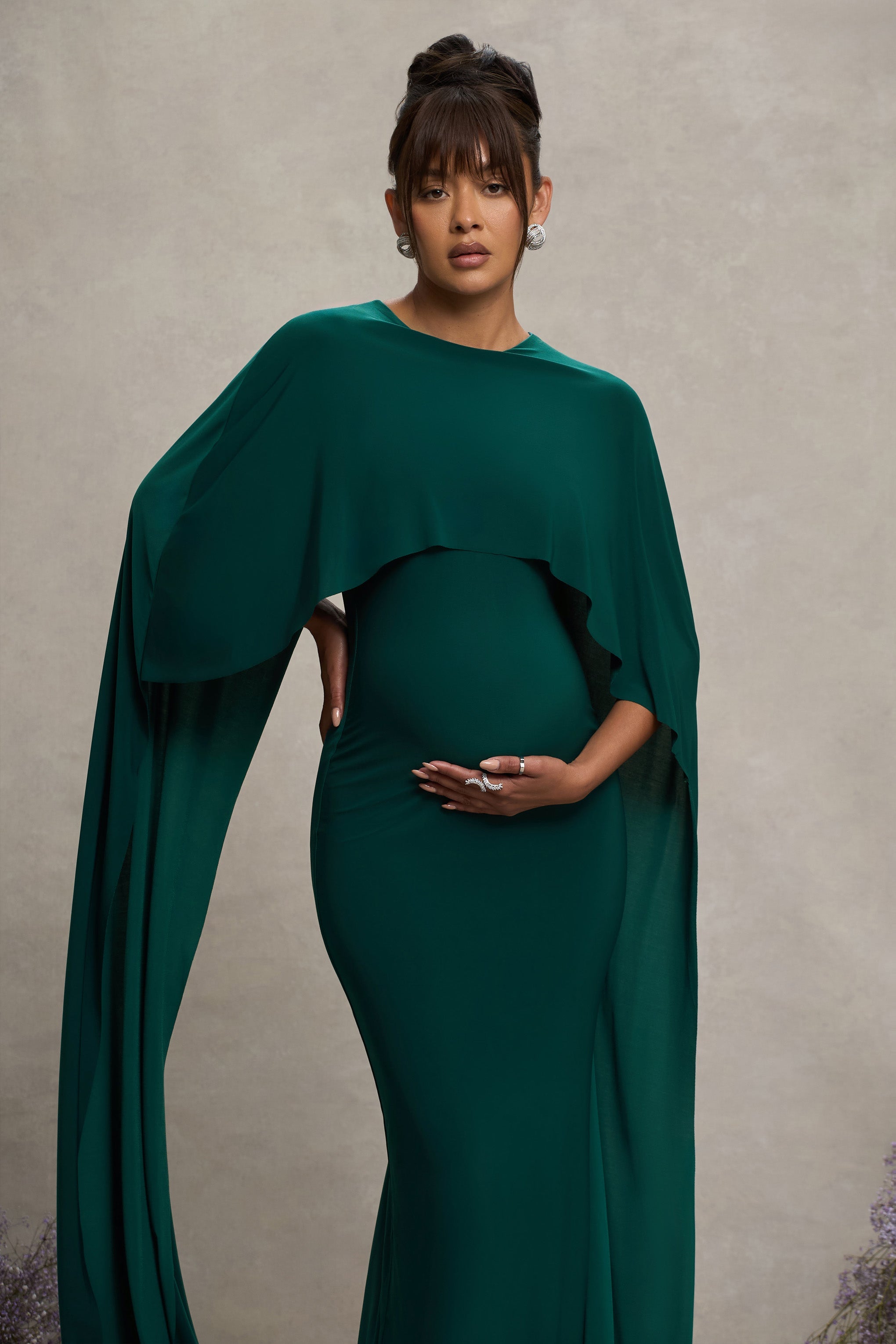 Bottle Green Draped Maternity Maxi Dress With Cape Sleeves