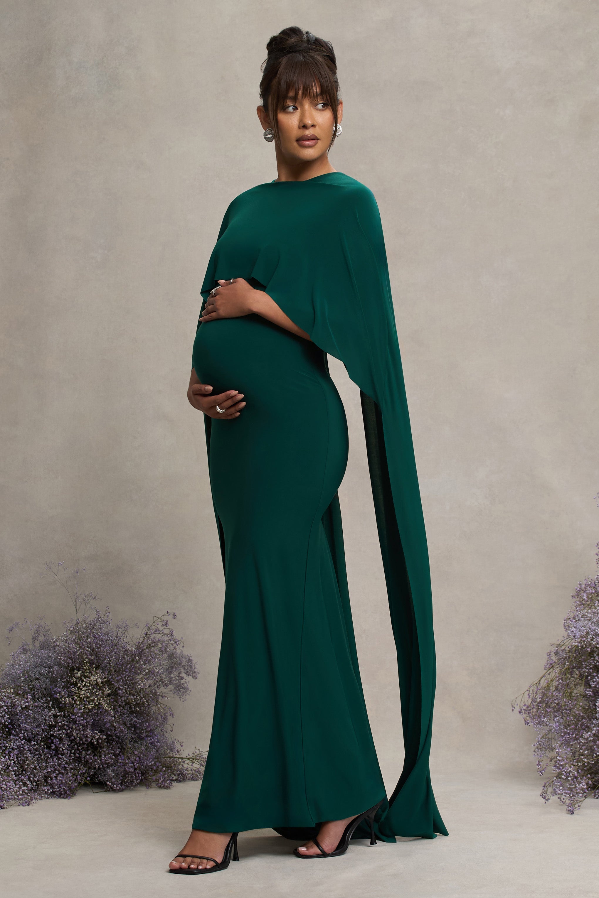 Bottle Green Draped Maternity Maxi Dress With Cape Sleeves