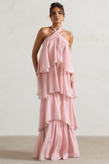 Light Pink Halter-Neck Ruffle Maxi Dress