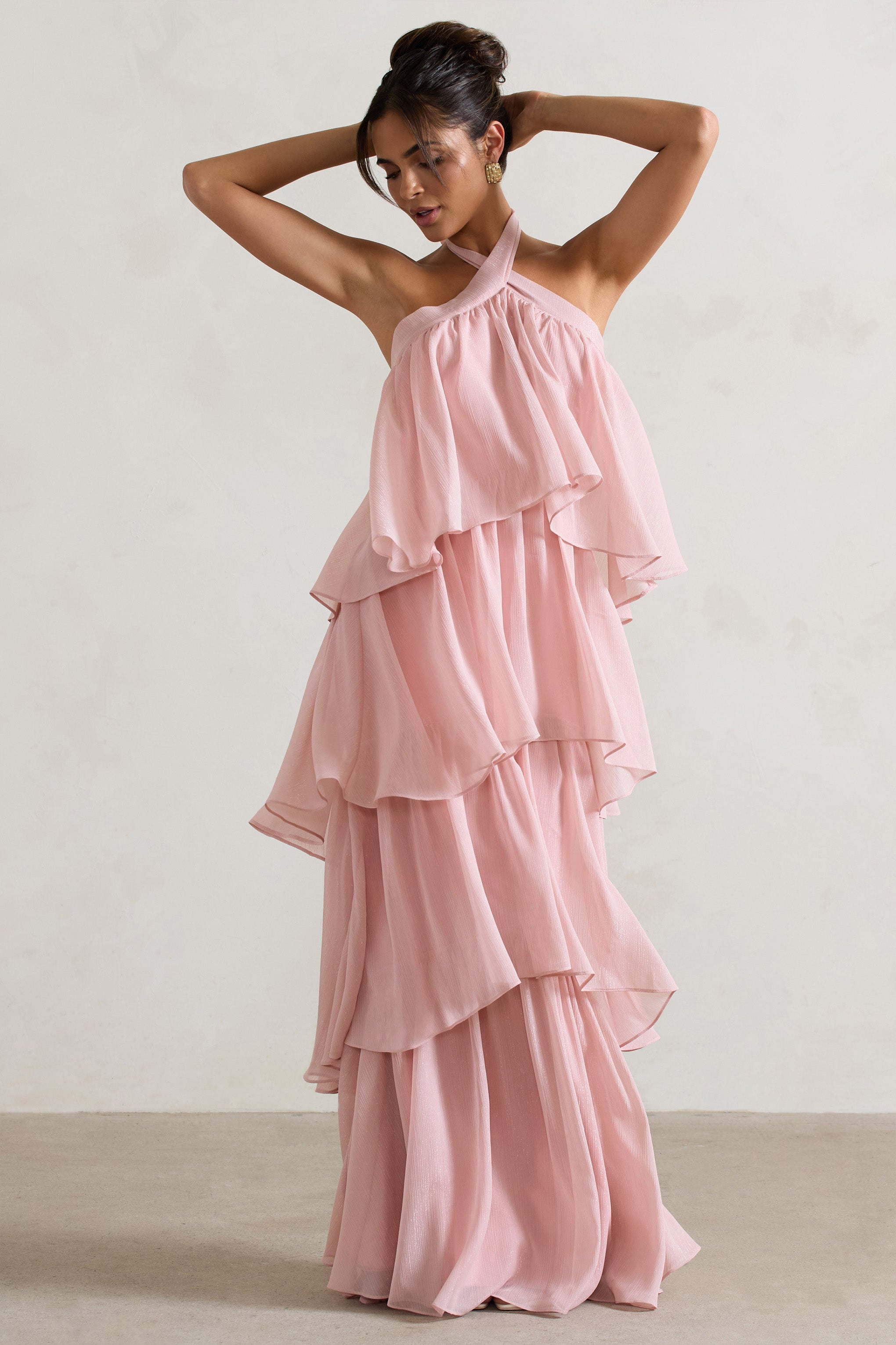 Light Pink Halter-Neck Ruffle Maxi Dress