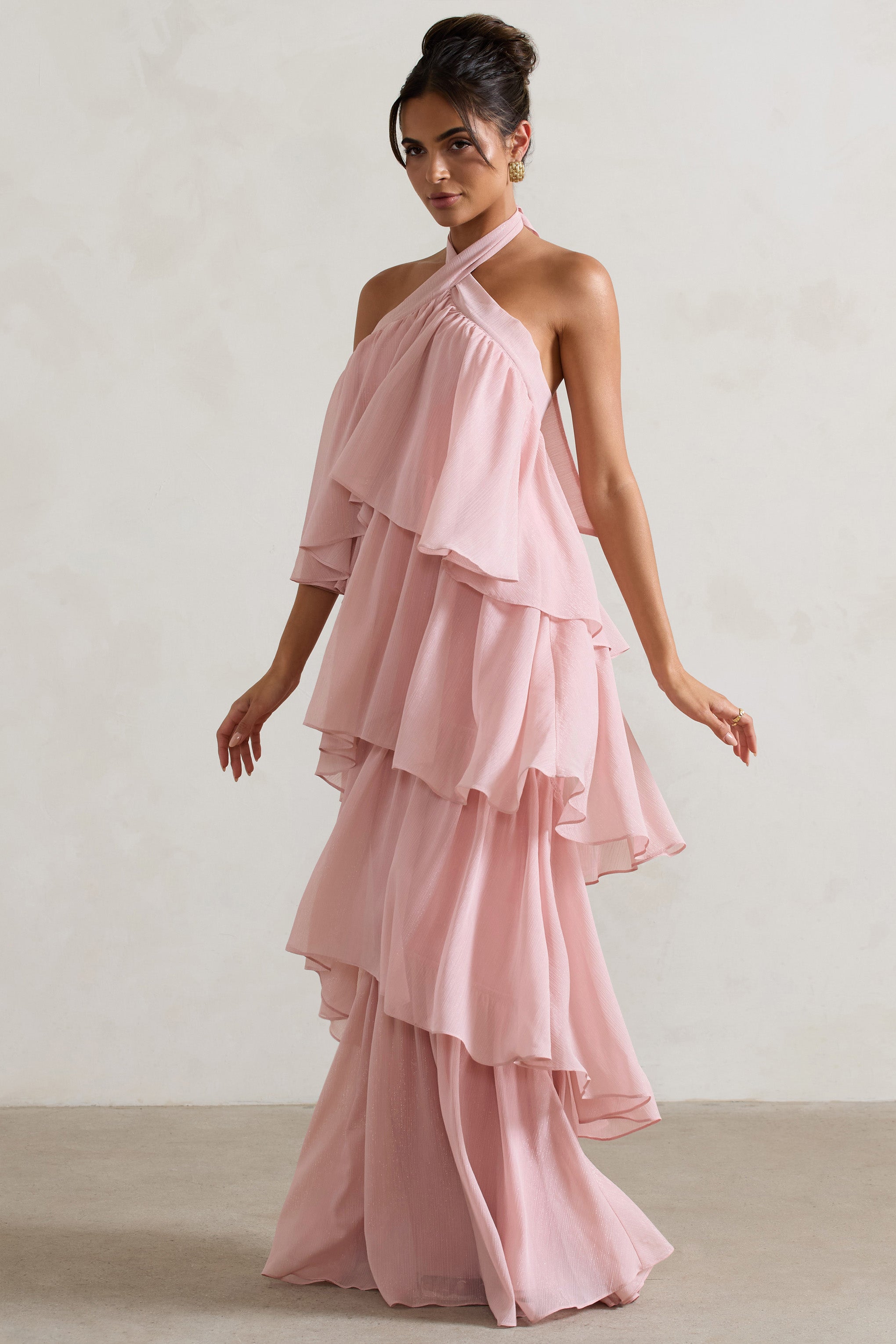 Light Pink Halter-Neck Ruffle Maxi Dress