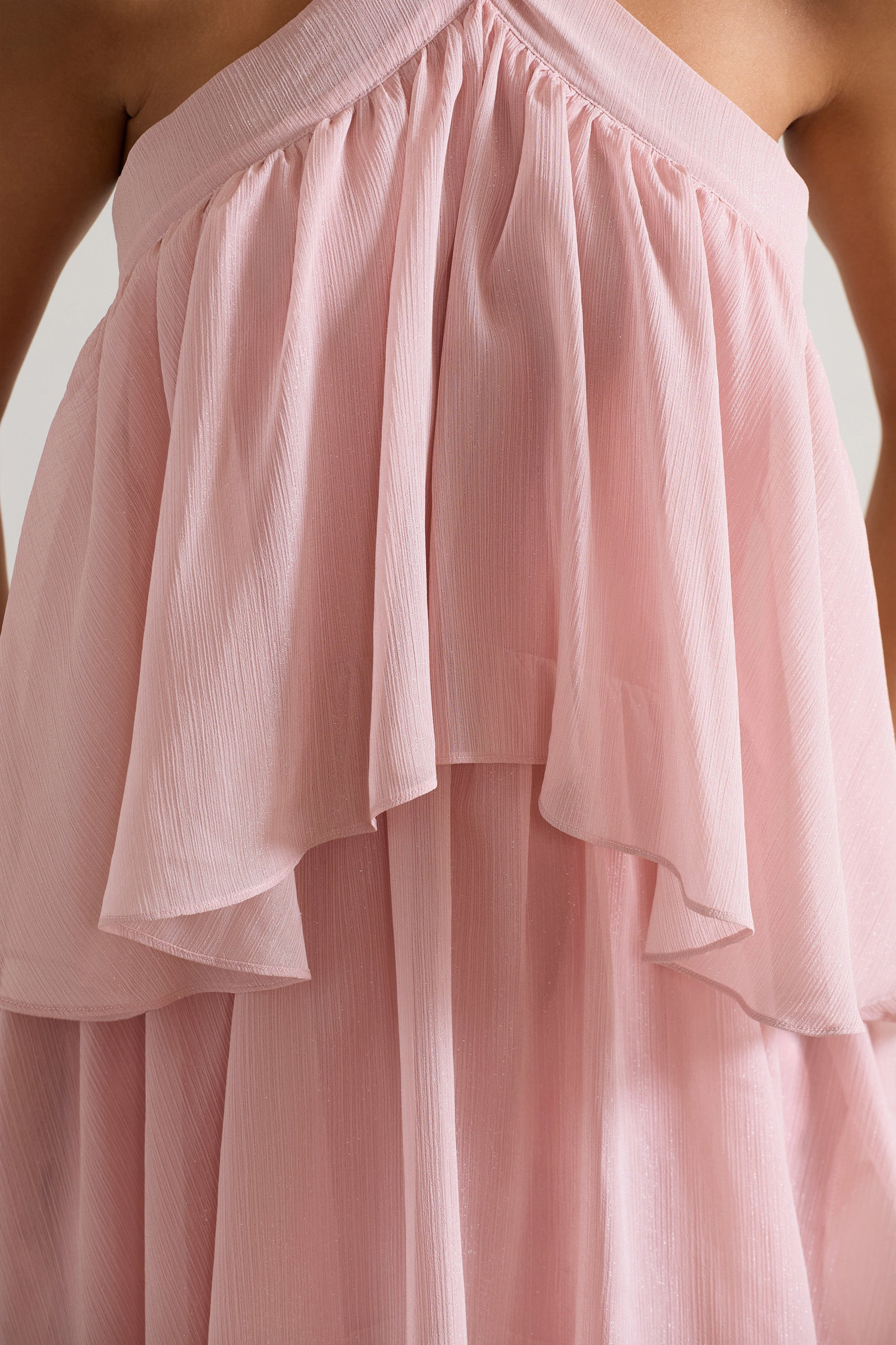 Light Pink Halter-Neck Ruffle Maxi Dress