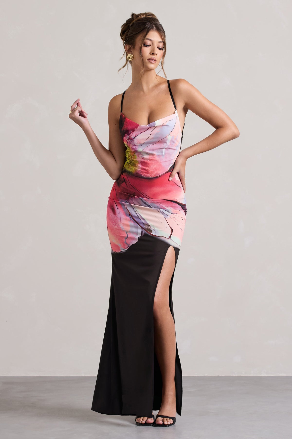 Black Floral Print Cowl-Neck Open-Back Split Maxi Dress