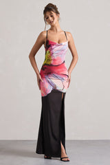Black Floral Print Cowl-Neck Open-Back Split Maxi Dress