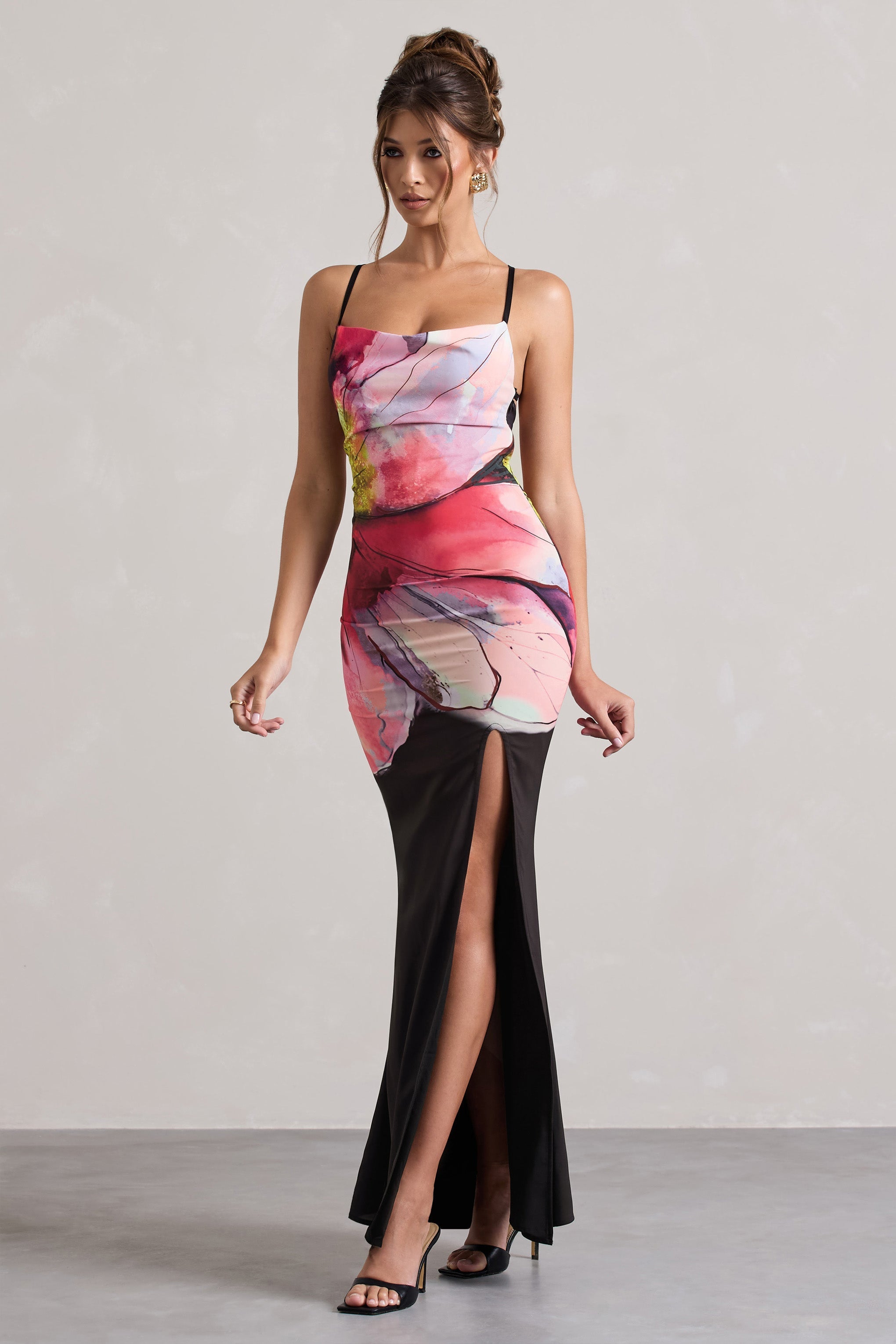 Black Floral Print Cowl-Neck Open-Back Split Maxi Dress