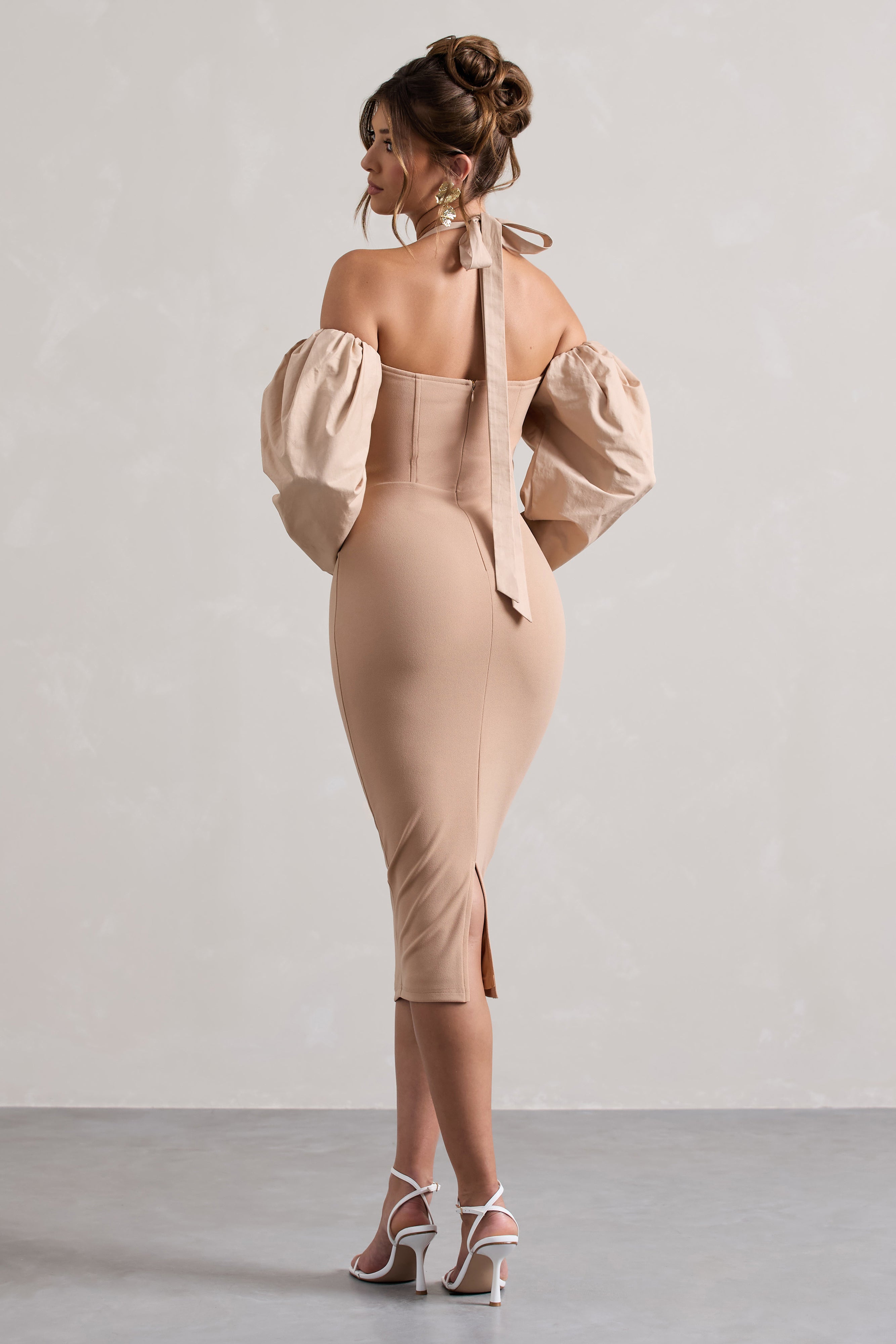 Champagne Halter-Neck Puff Sleeve Midi Dress