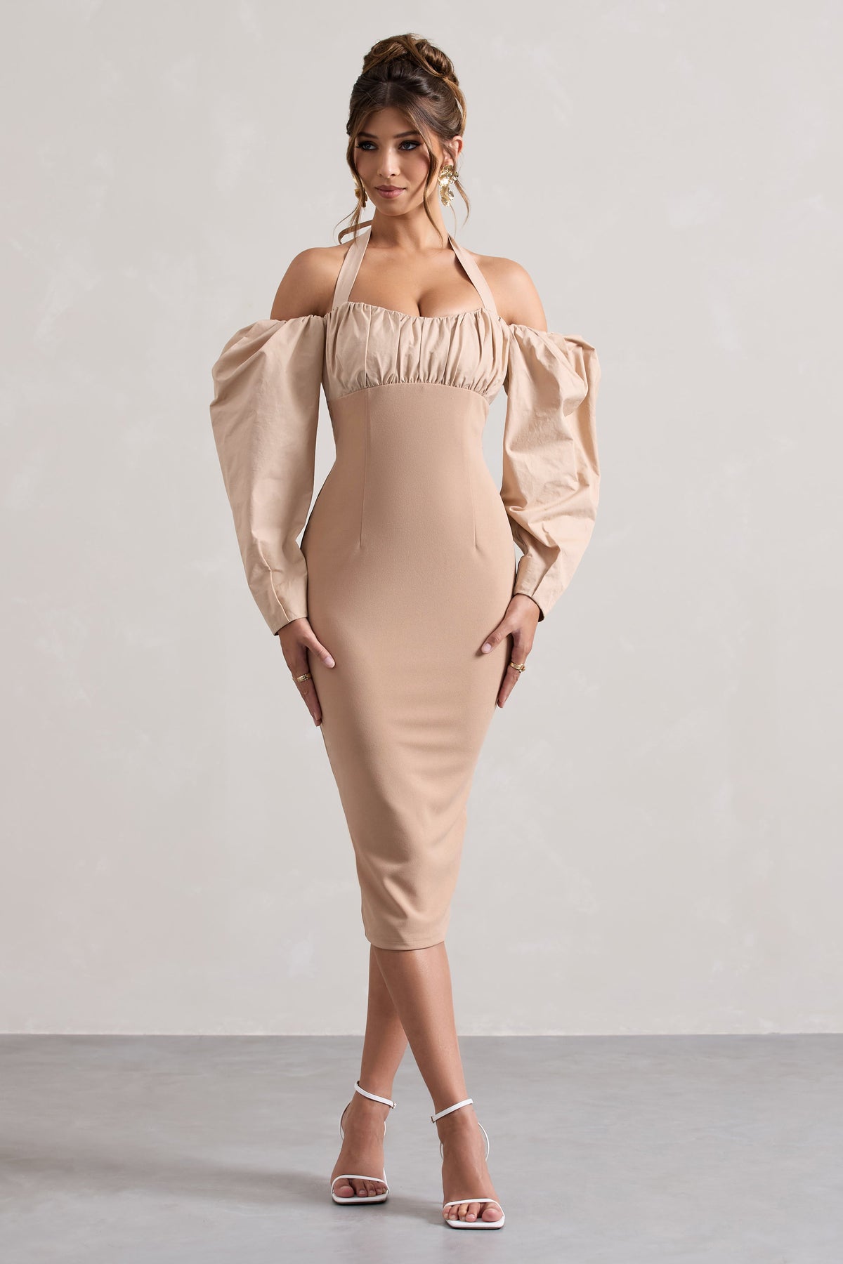 Champagne Halter-Neck Puff Sleeve Midi Dress