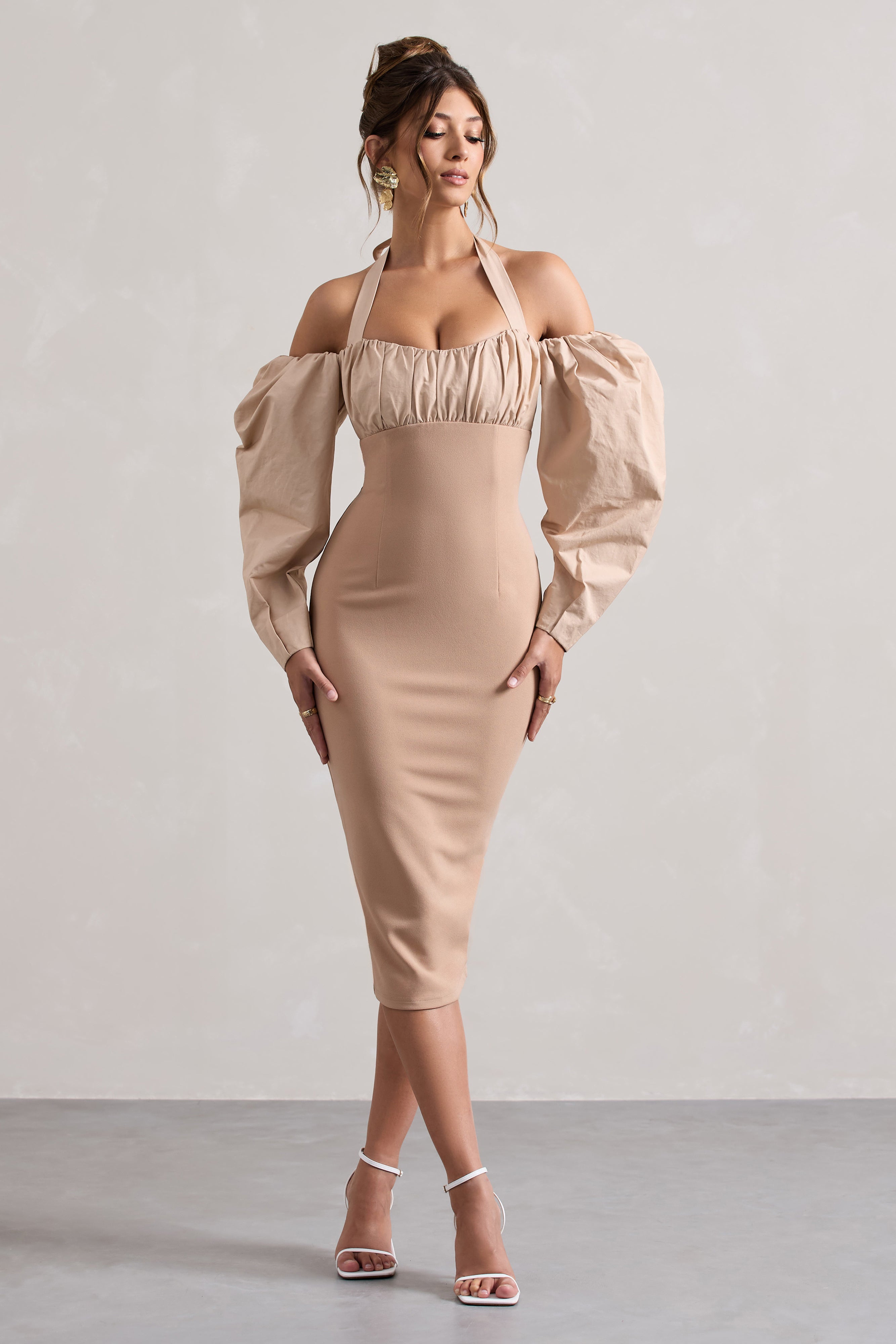 Champagne Halter-Neck Puff Sleeve Midi Dress
