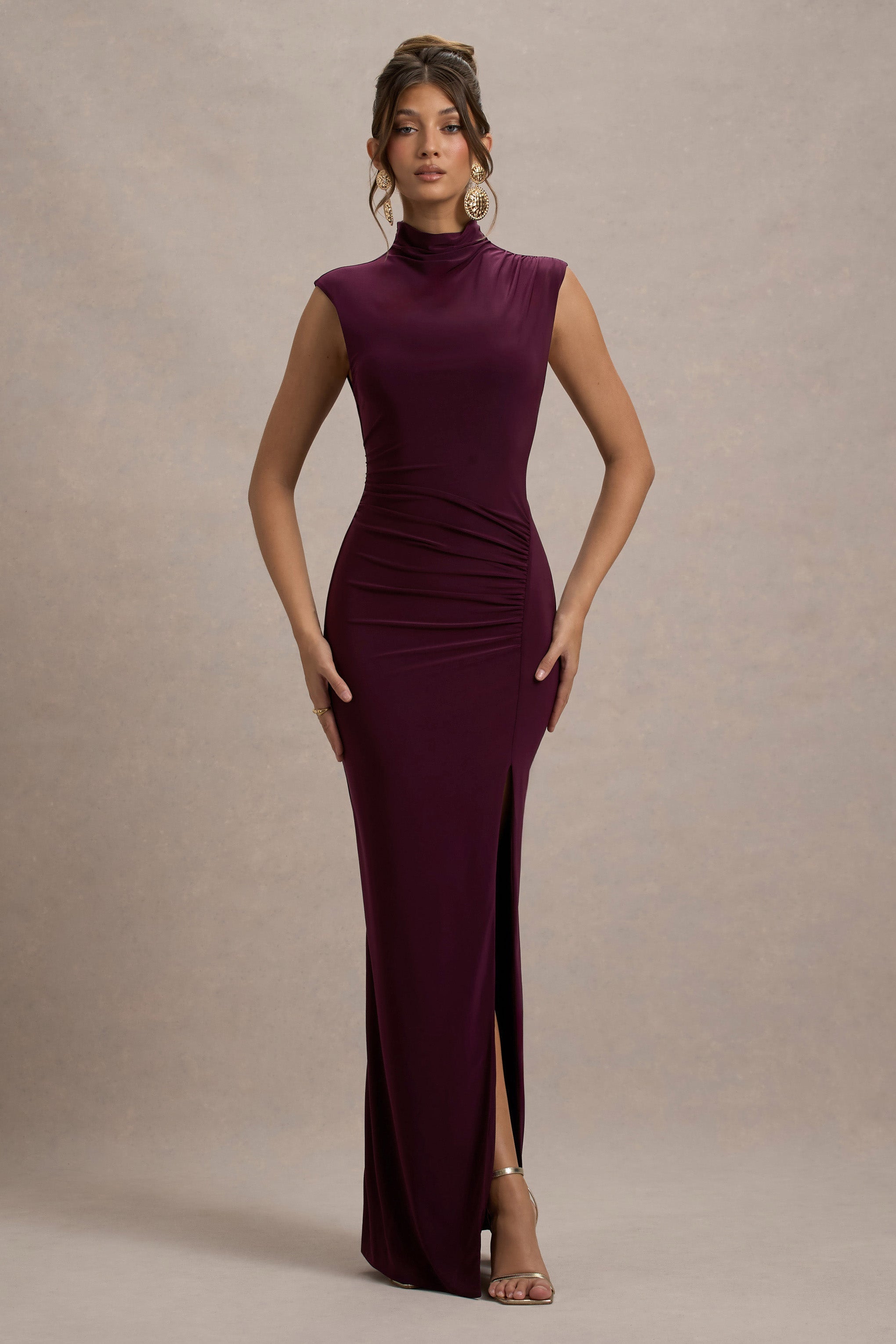 Plum Ruched High-Neck Maxi Dress With Split