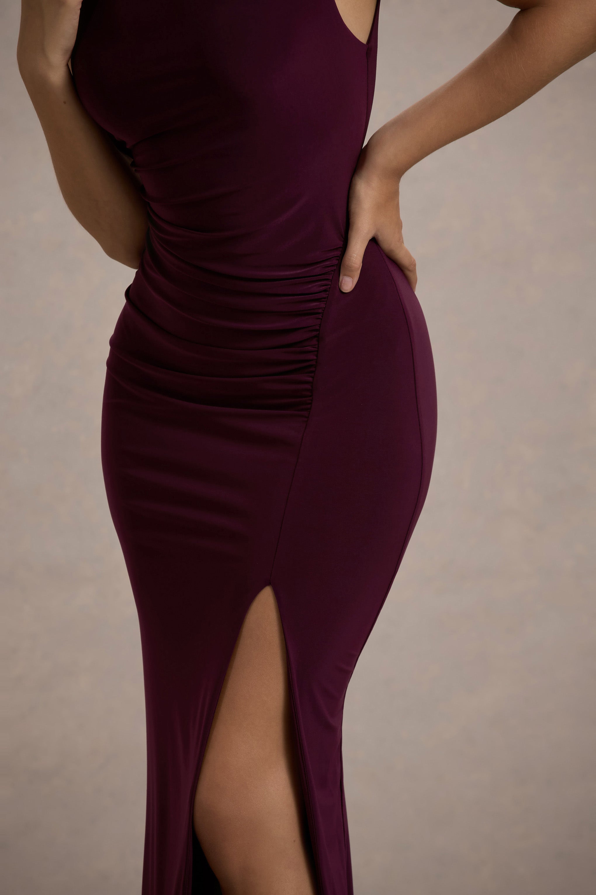 Plum Ruched High-Neck Maxi Dress With Split