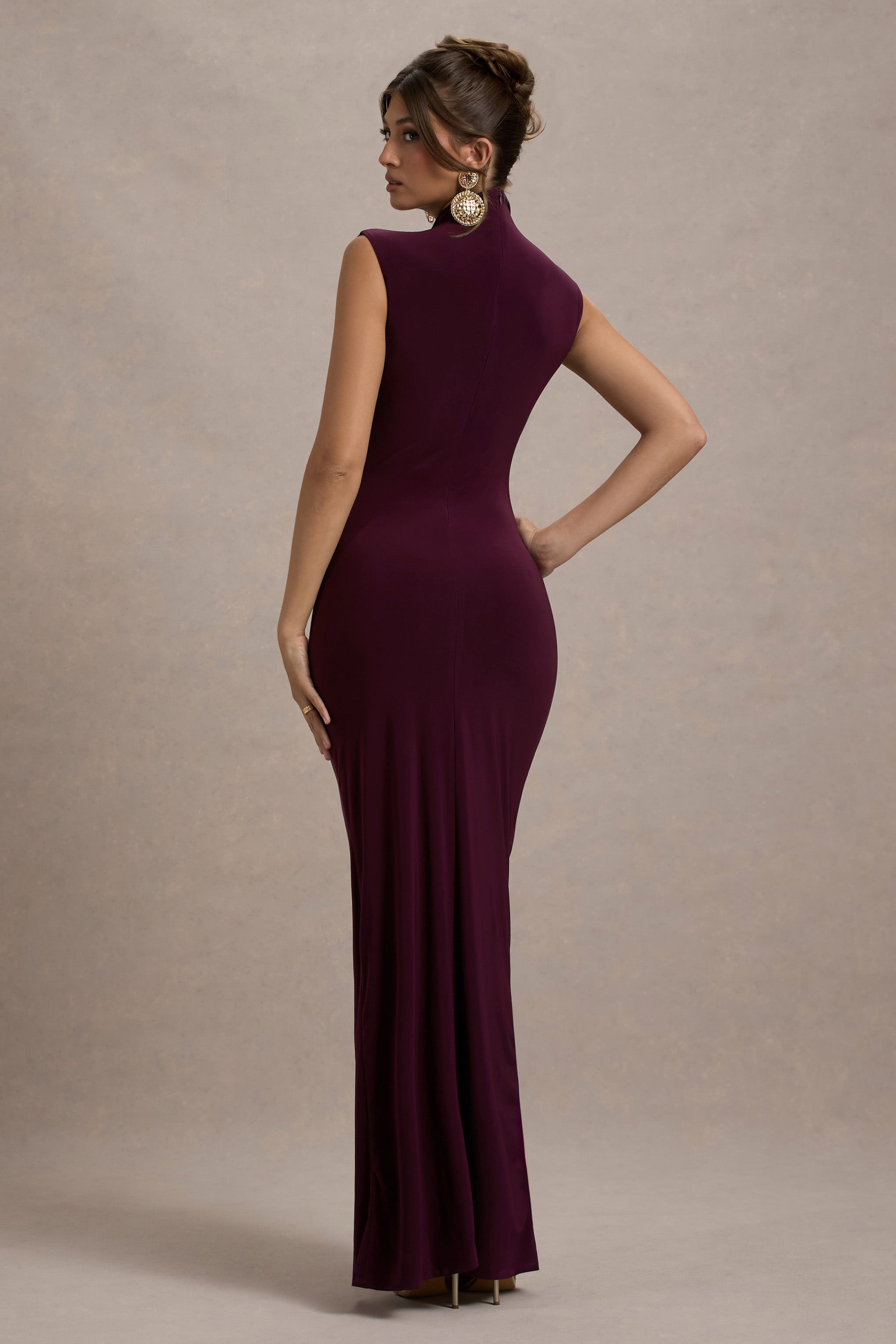 Plum Ruched High-Neck Maxi Dress With Split