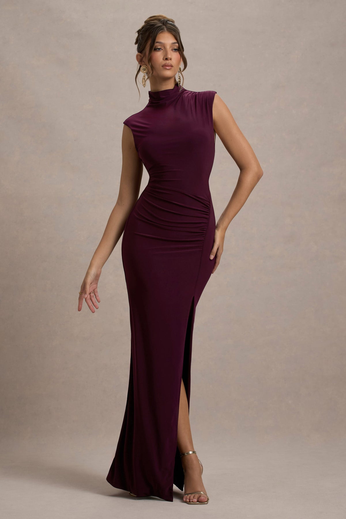 Plum Ruched High-Neck Maxi Dress With Split
