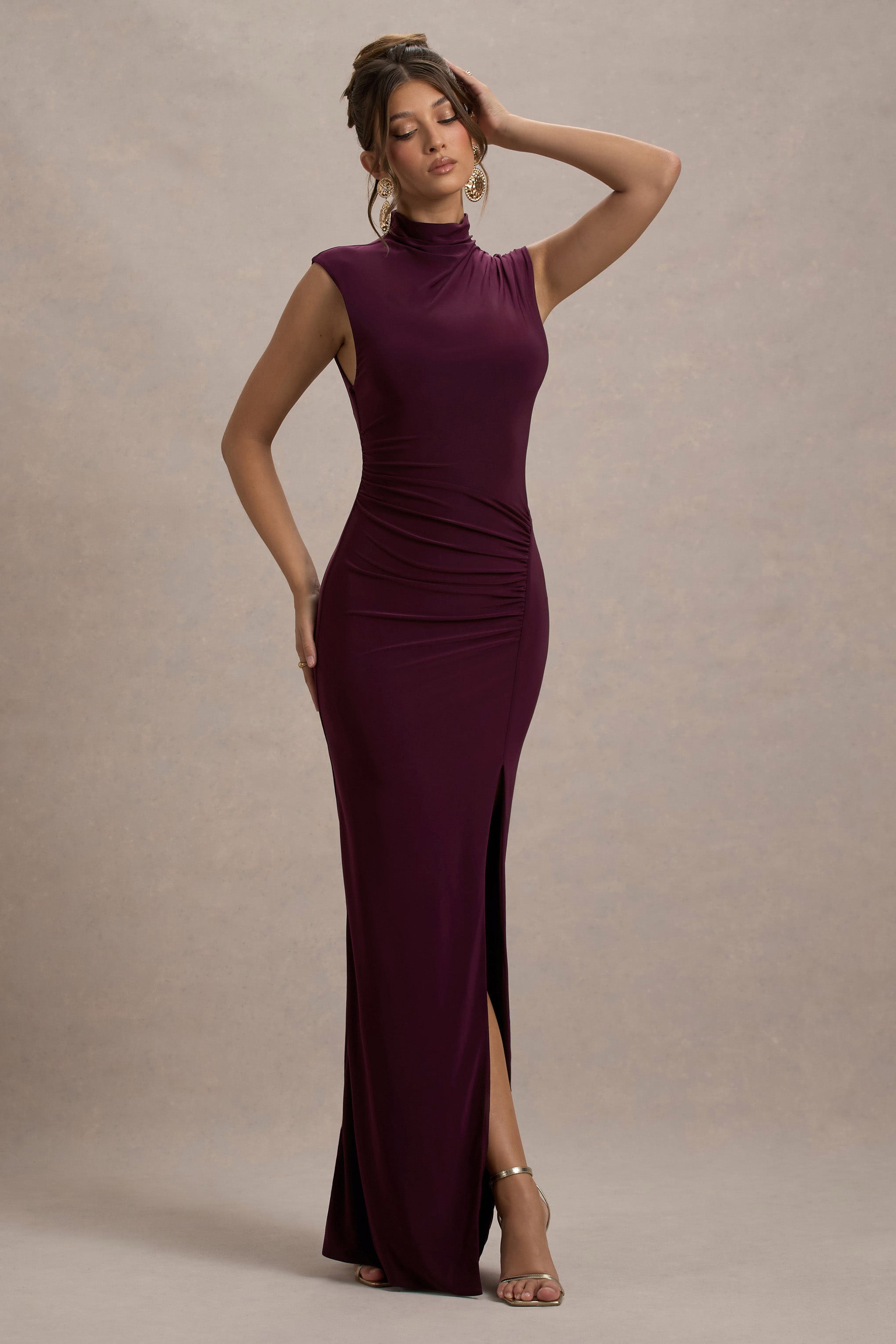 Plum Ruched High-Neck Maxi Dress With Split