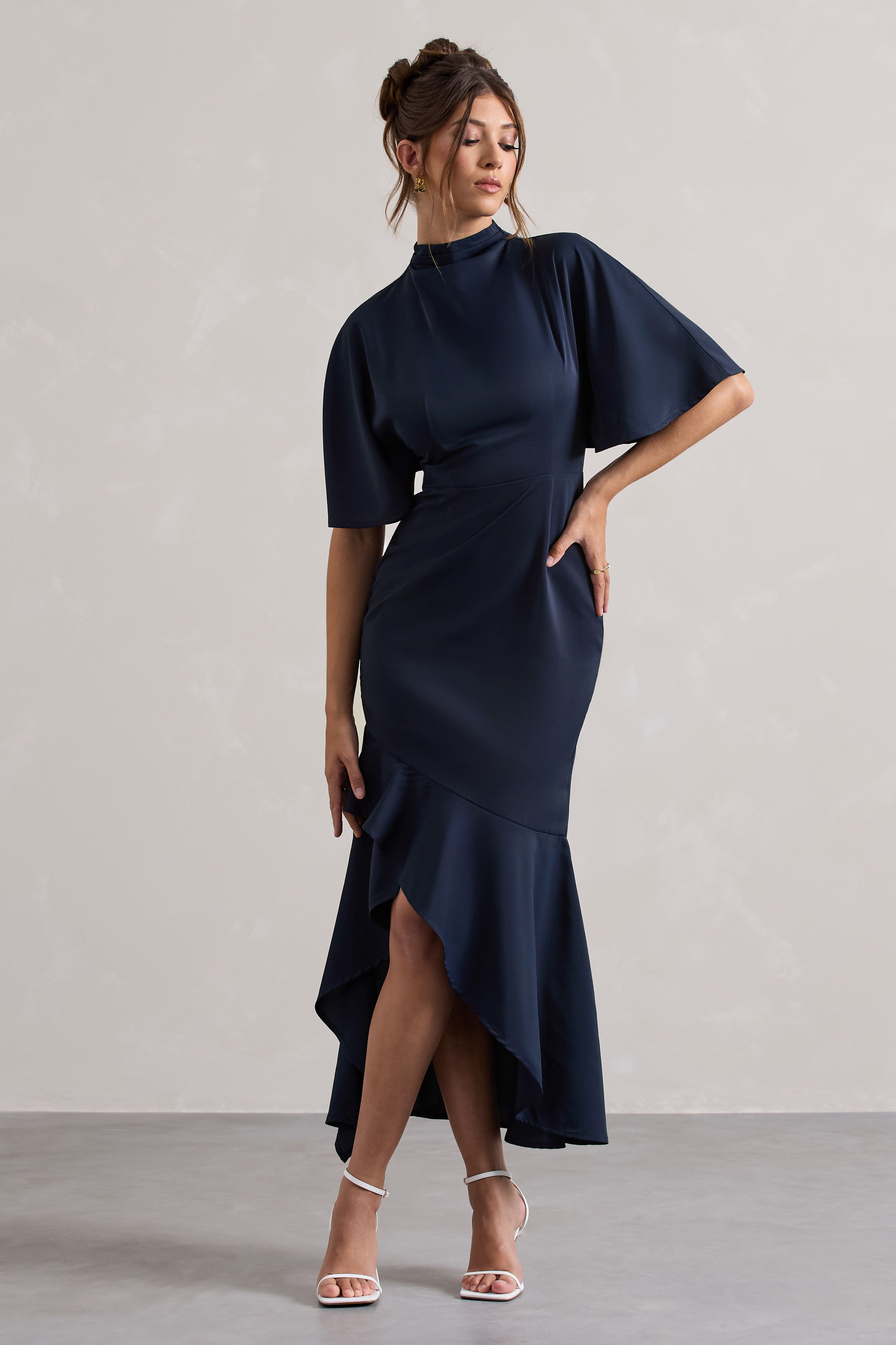 Navy High-Neck Flutter-Sleeve Asymmetric Maxi Dress