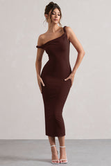 Chocolate Brown Twisted Asymmetric Midi Dress