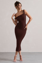Chocolate Brown Twisted Asymmetric Midi Dress