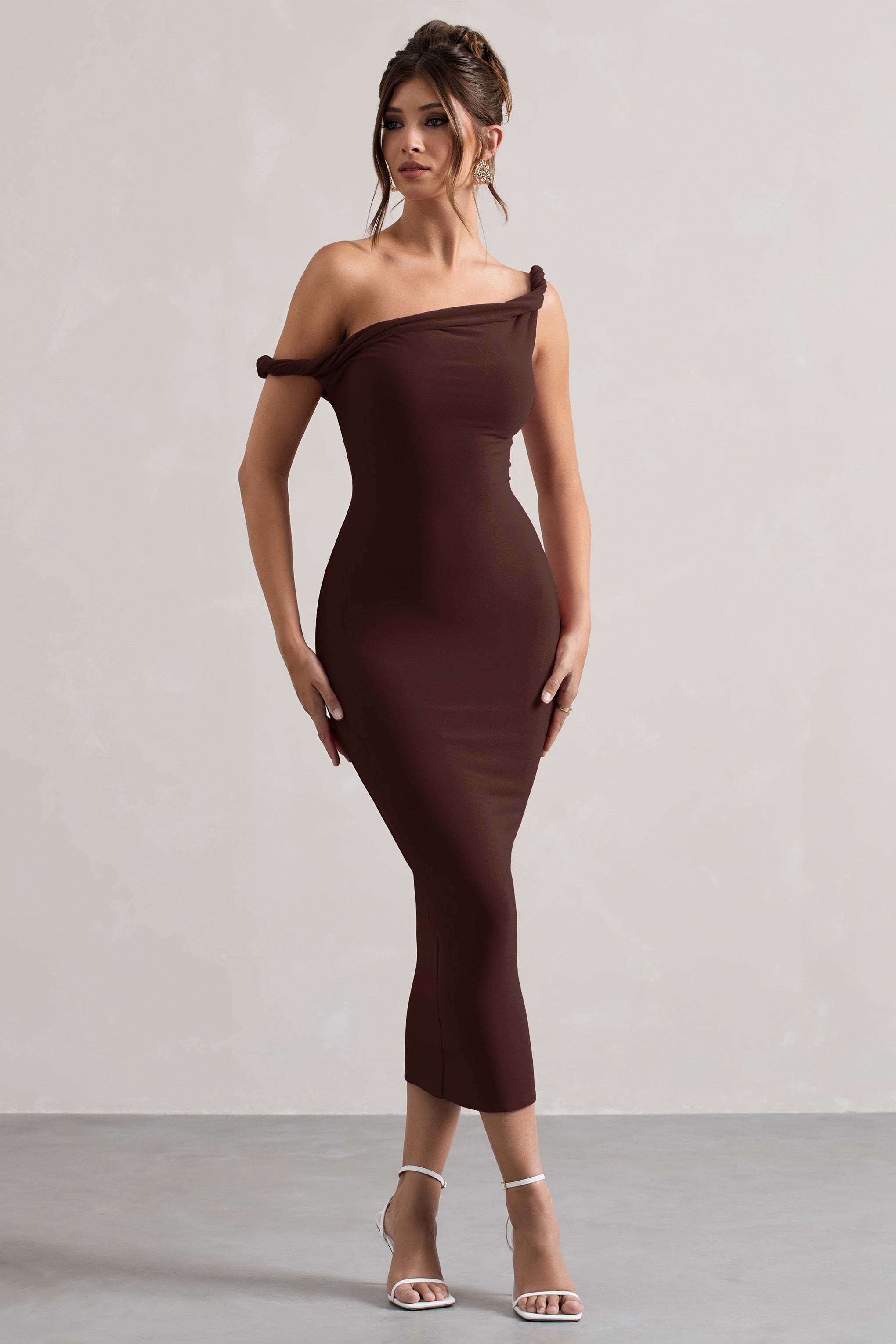 Chocolate Brown Twisted Asymmetric Midi Dress