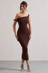 Chocolate Brown Twisted Asymmetric Midi Dress