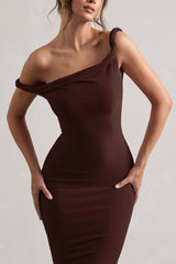 Chocolate Brown Twisted Asymmetric Midi Dress