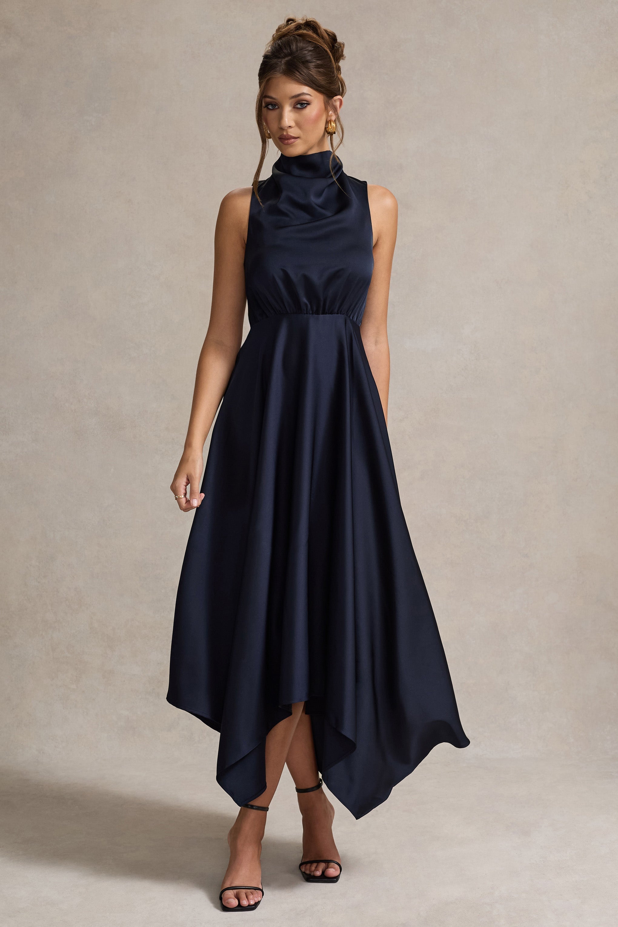 Navy Satin Cowl-Neck Maxi Dress