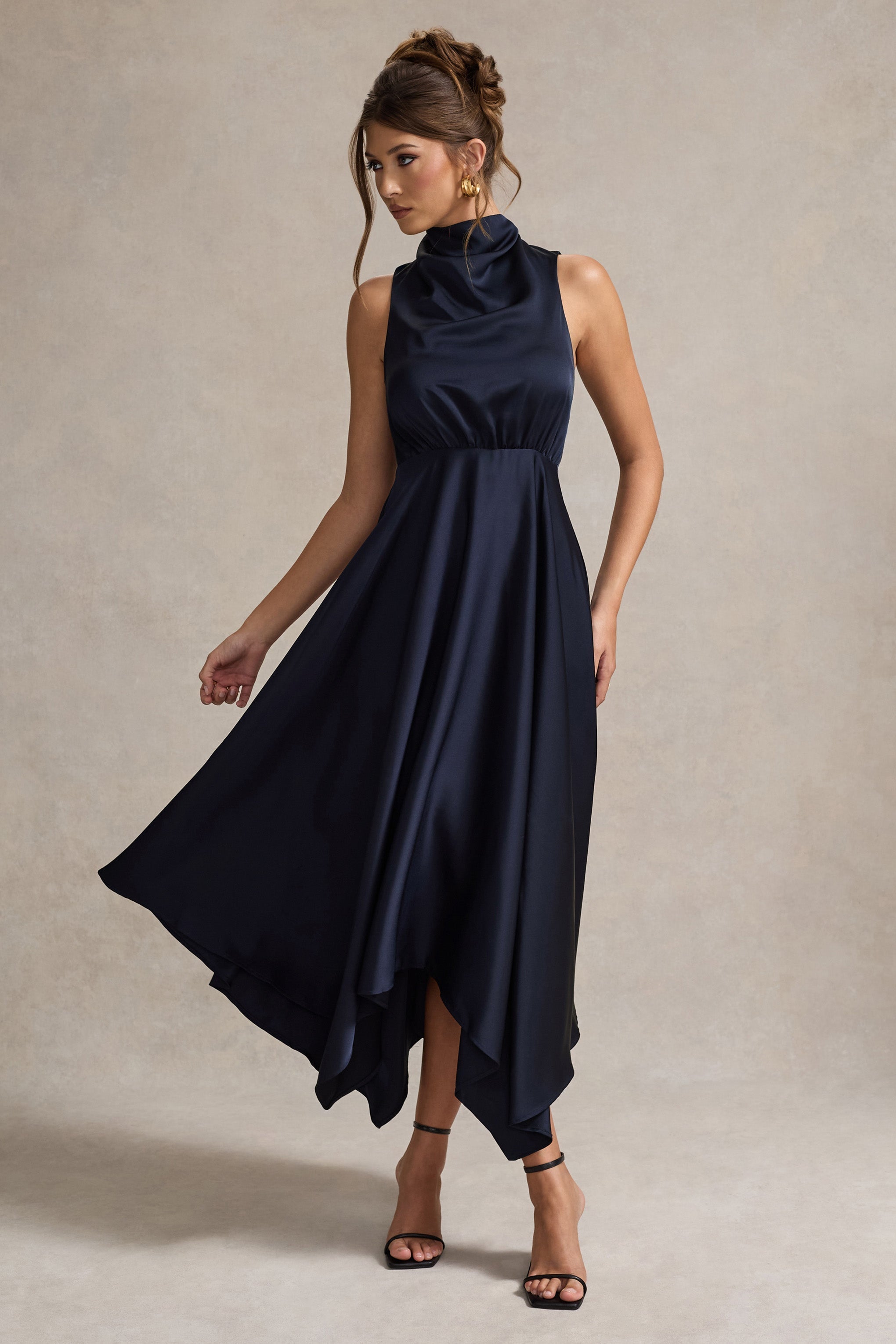 Navy Satin Cowl-Neck Maxi Dress