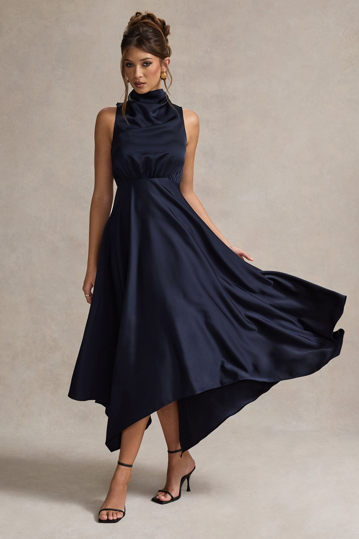 Navy Satin Cowl-Neck Maxi Dress