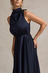 Navy Satin Cowl-Neck Maxi Dress